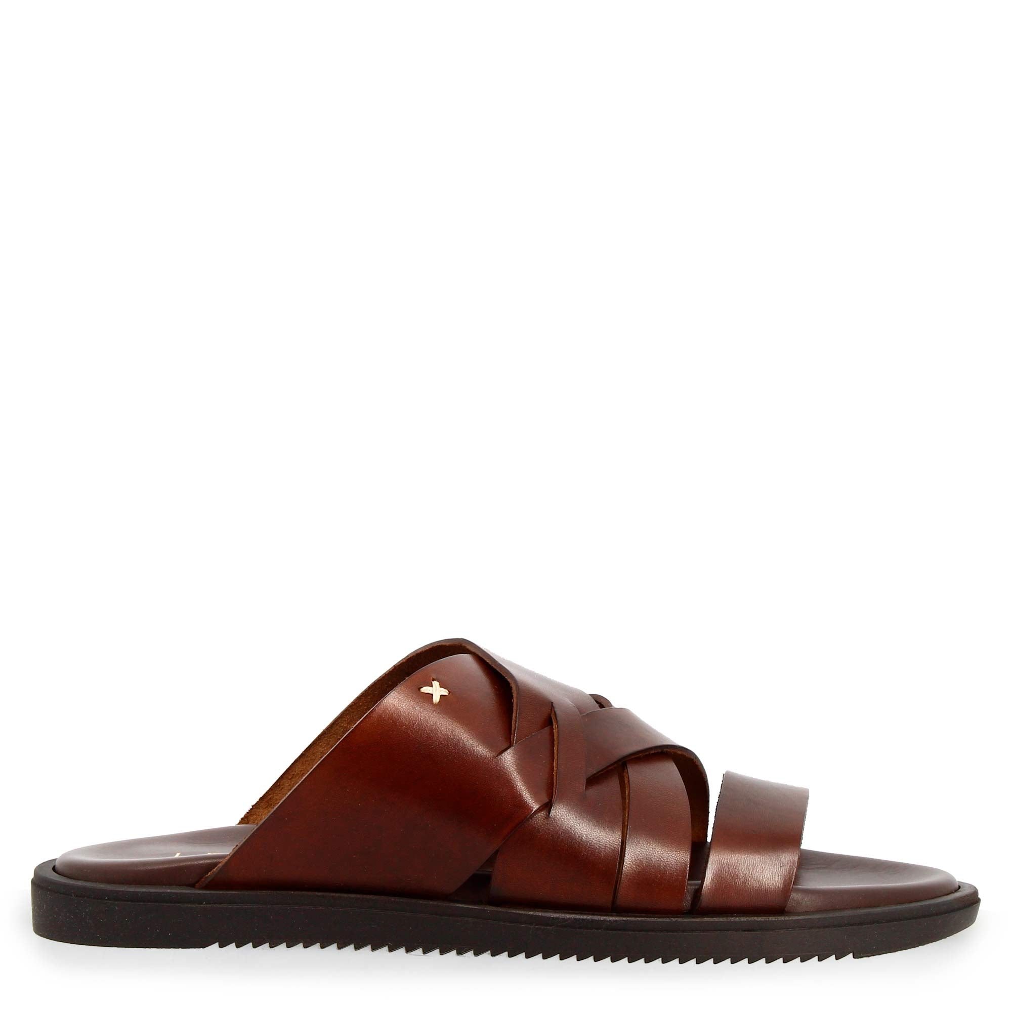 Leonardo Shoes Sandali Uomo Marrone Pelle Intrecciati Gomma