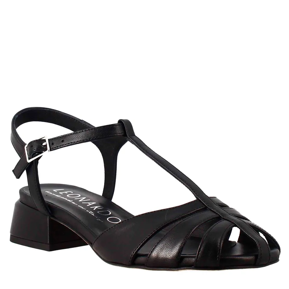 Leonardo Shoes Sandali Donna Nero Gabbia Pelle Tacco 4 cm