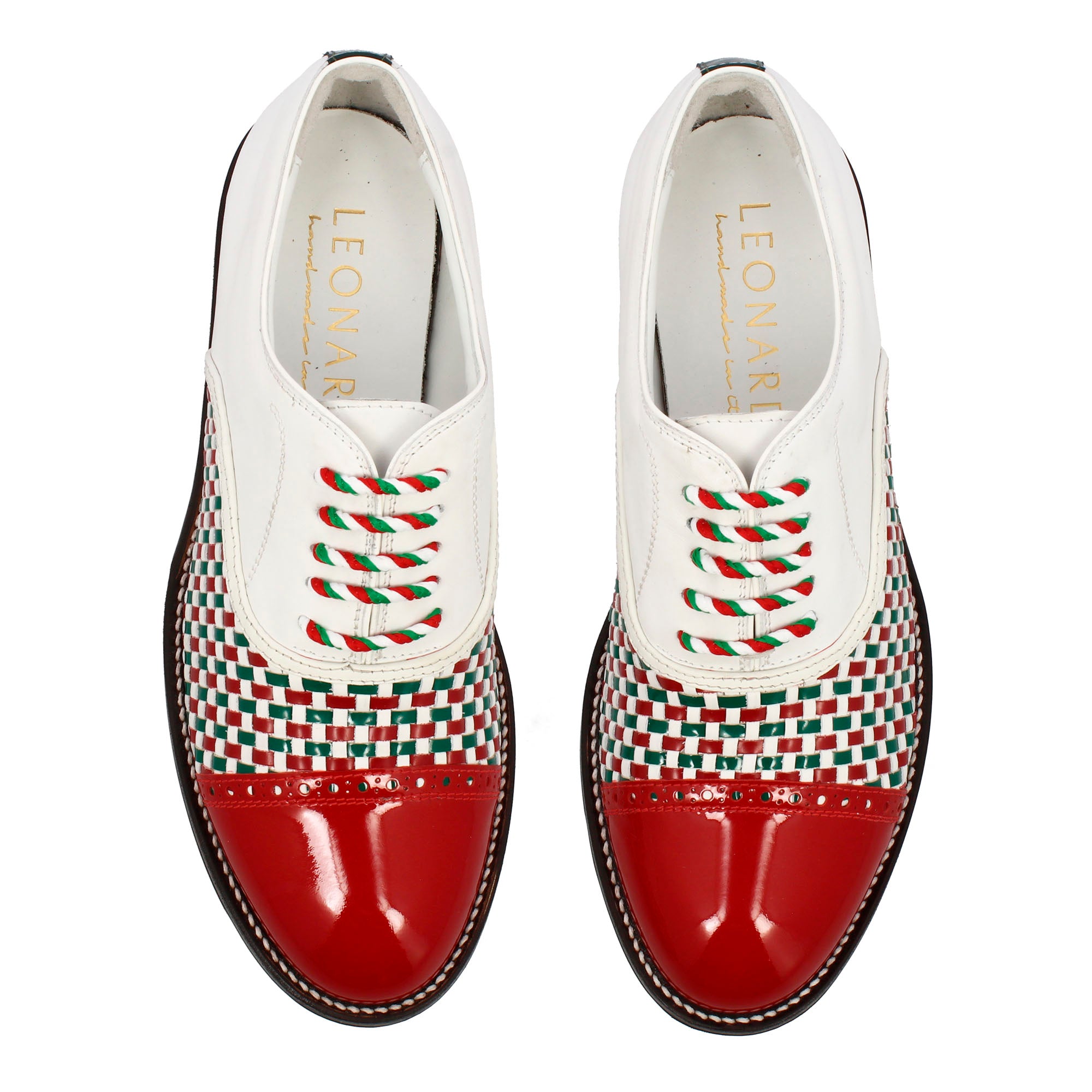 Leonardo Shoes Golf Scarpe golf pelle intrecciata bianco tricolore