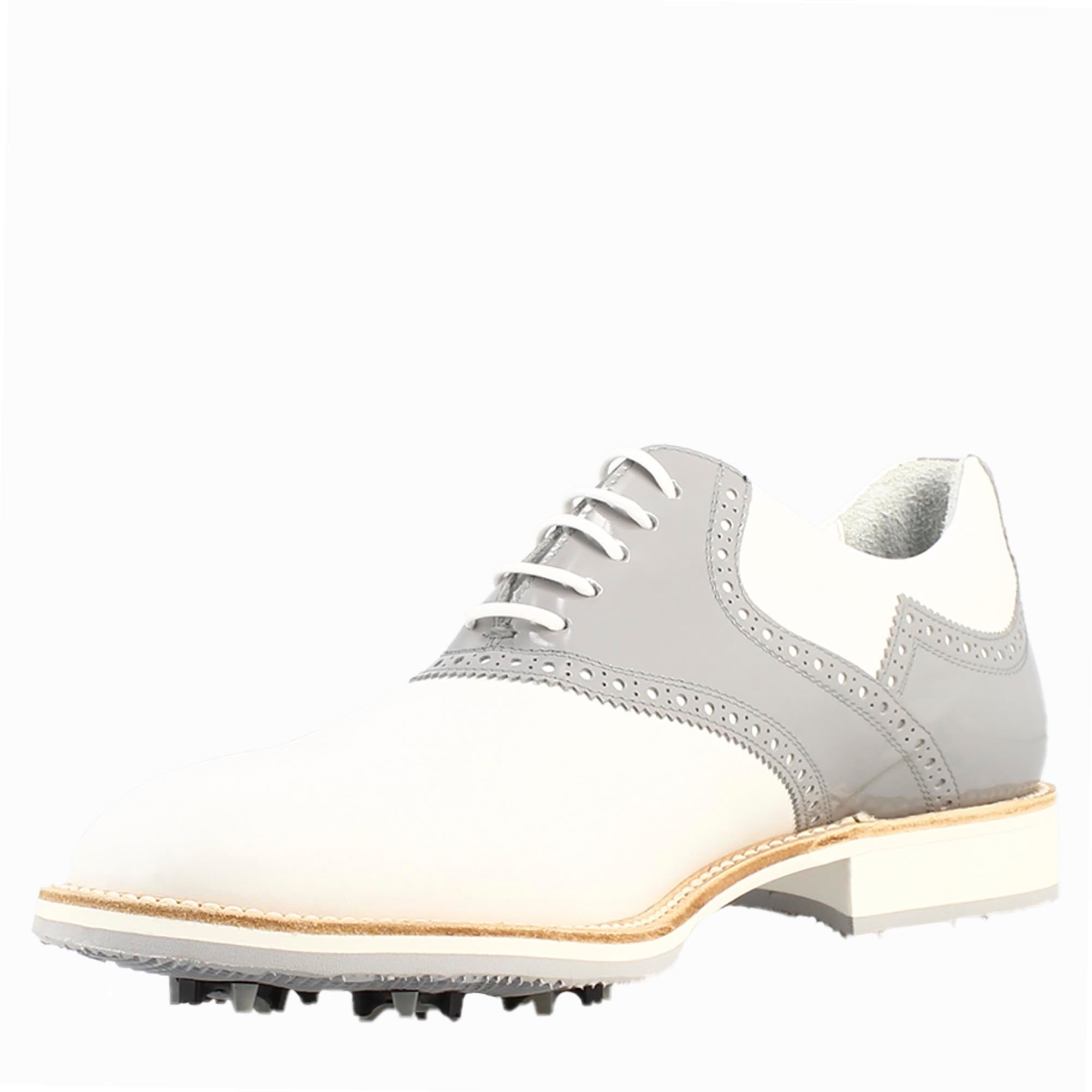 Leonardo Shoes Golf Scarpe da Golf Pelle Bianco Grigio Tacchetti
