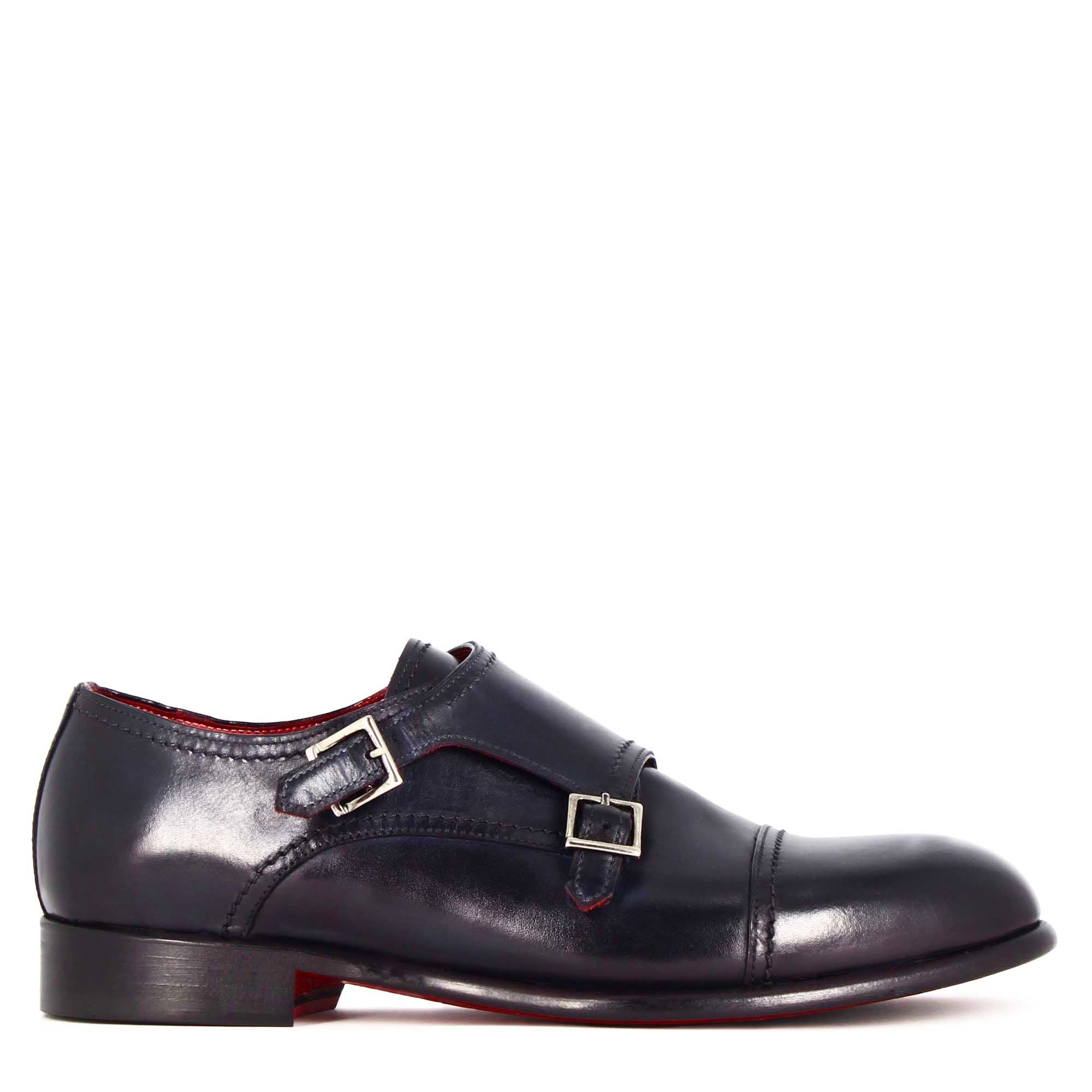 Leonardo Shoes Doppia Fibbia Francesine Uomo pelle blu