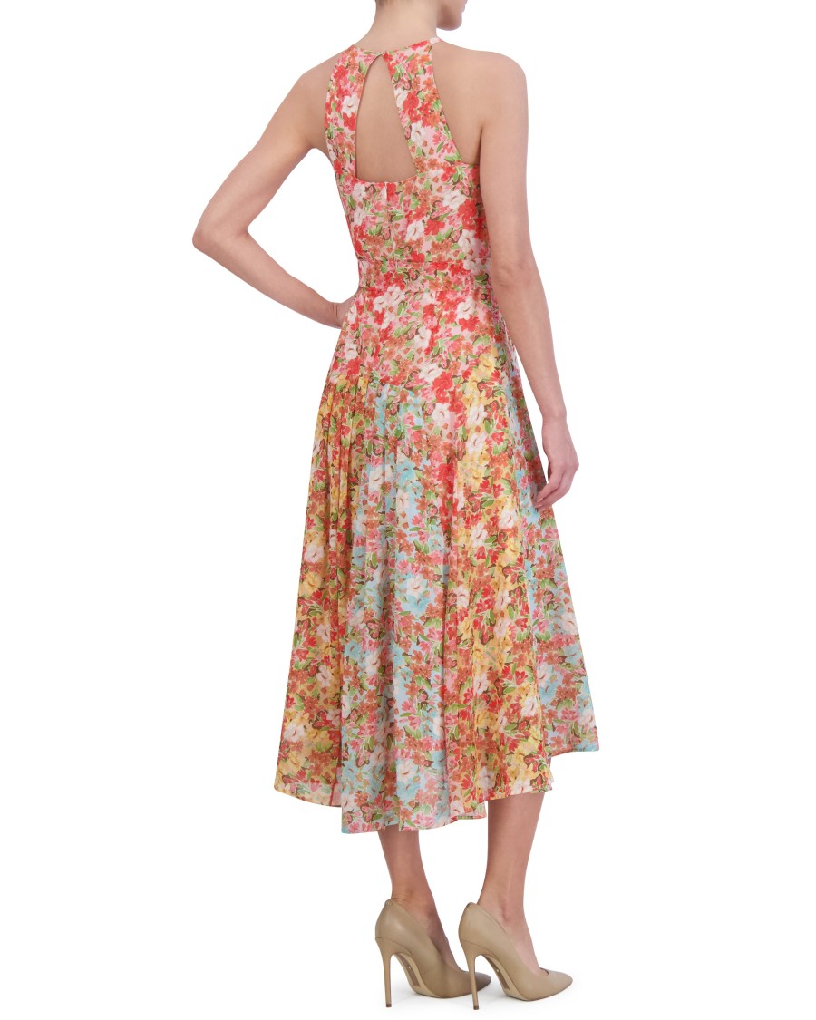 Vince Camuto abito midi chiffon plissettato stampato halter