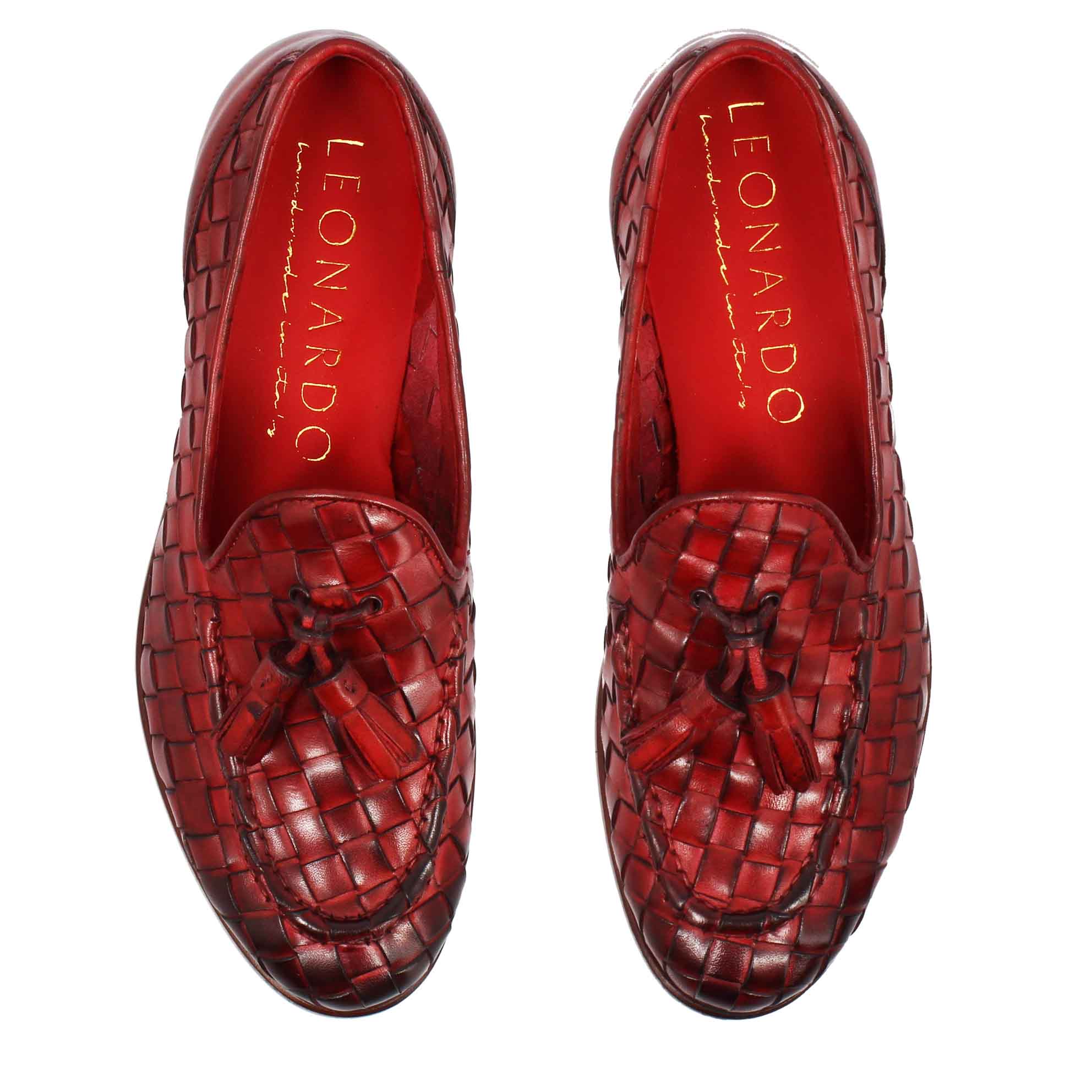 Leonardo Shoes Mocassino intrecciato rosso nappine cuoio