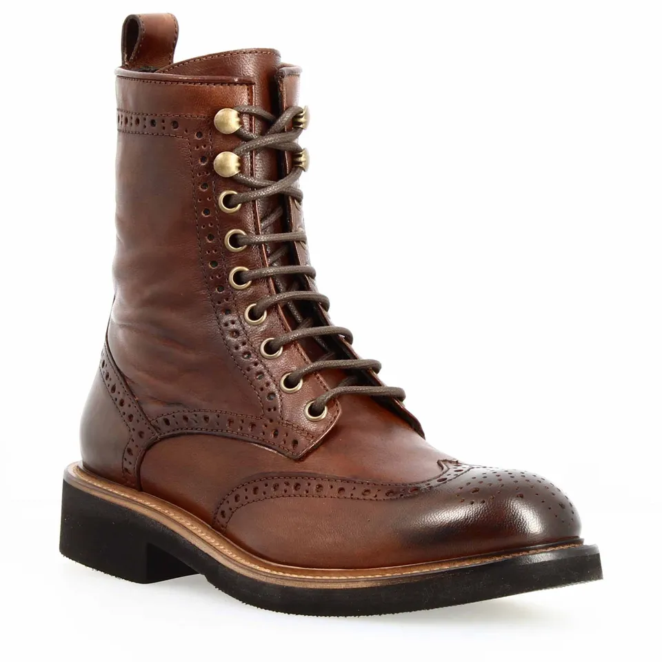 Leonardo Shoes Anfibio Donna Brogue Pelle Marrone Cuoio