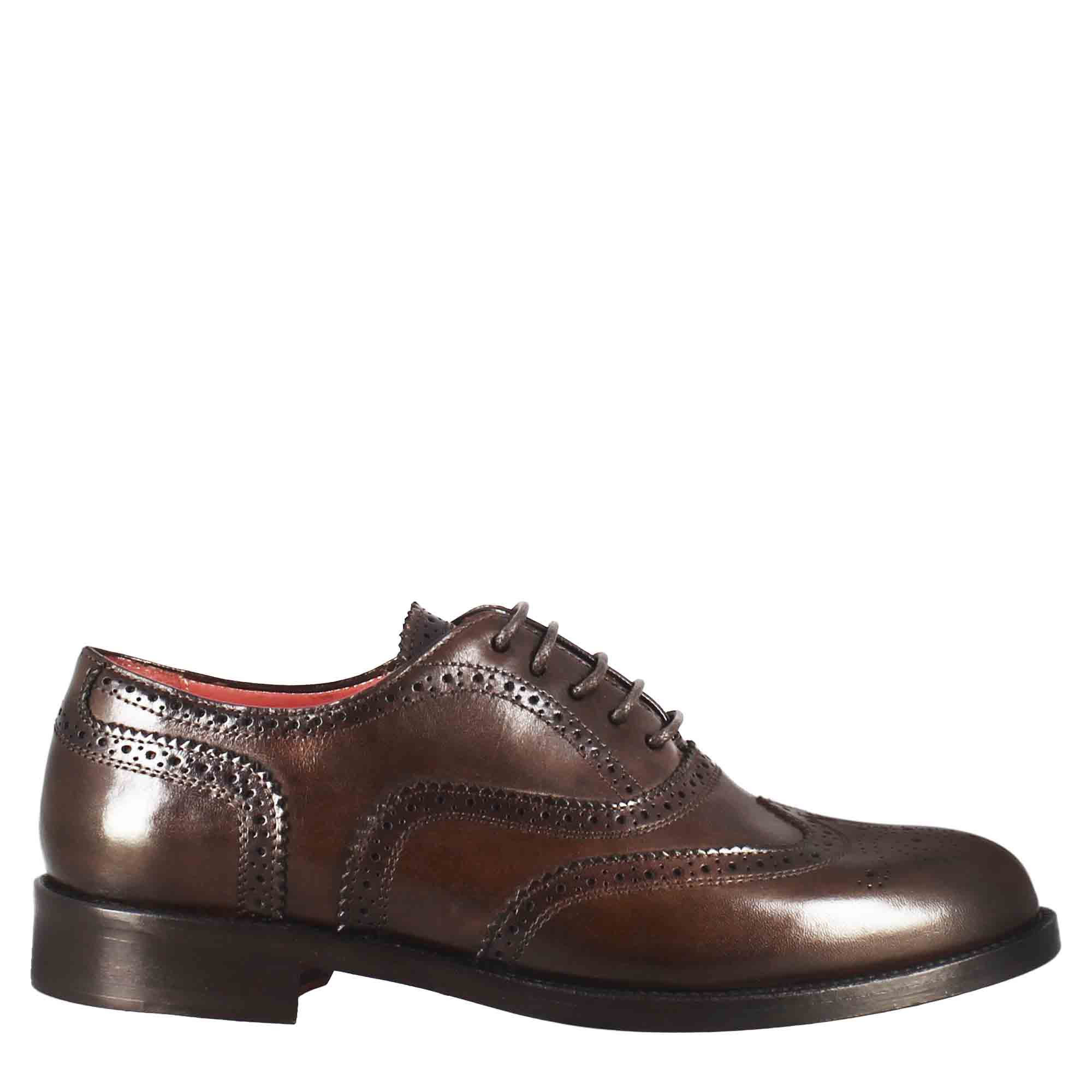 Leonardo Shoes Francesina Donna Brogue Marrone Scuro Lacci