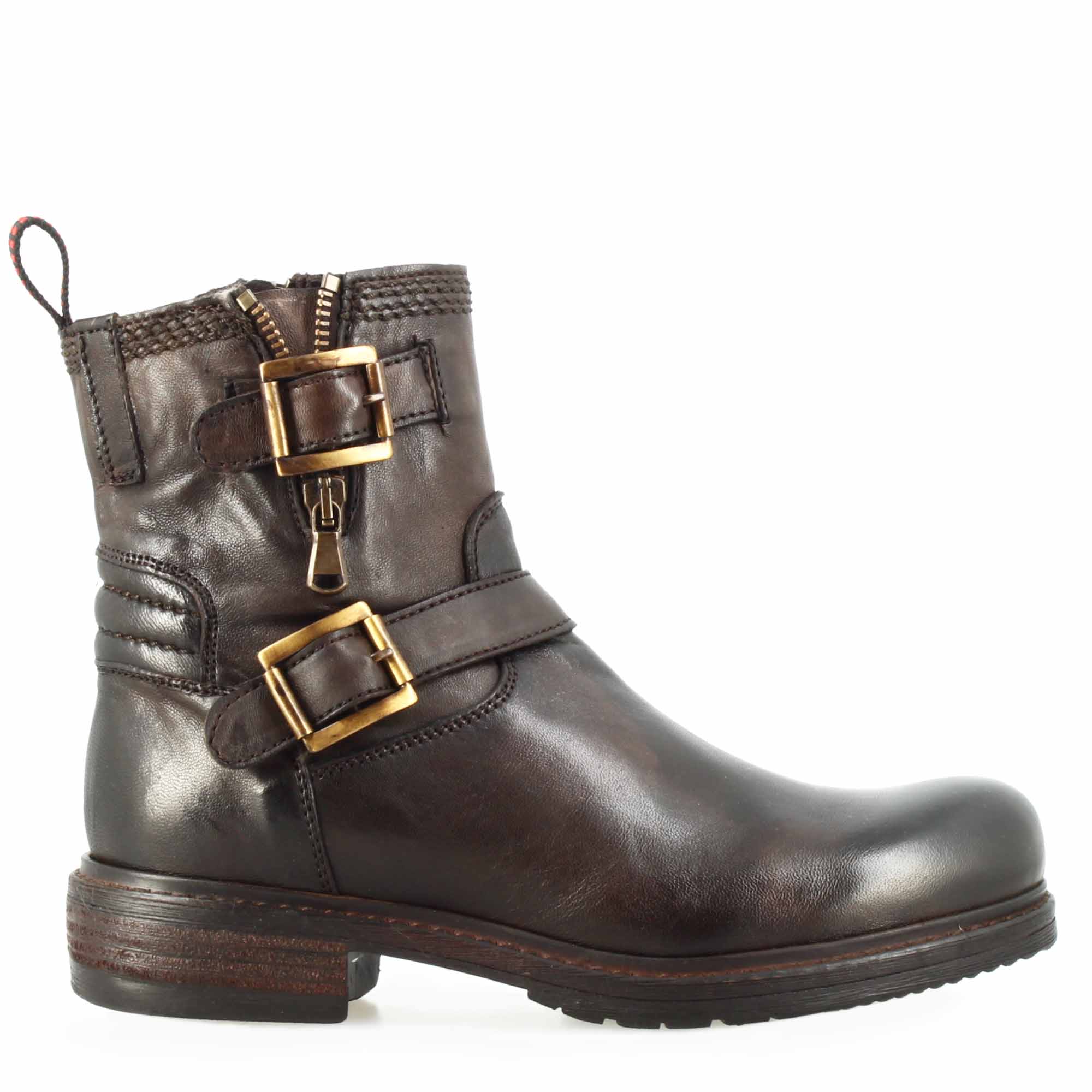 Leonardo Shoes stivaletto donna pelle marrone doppia fibbia