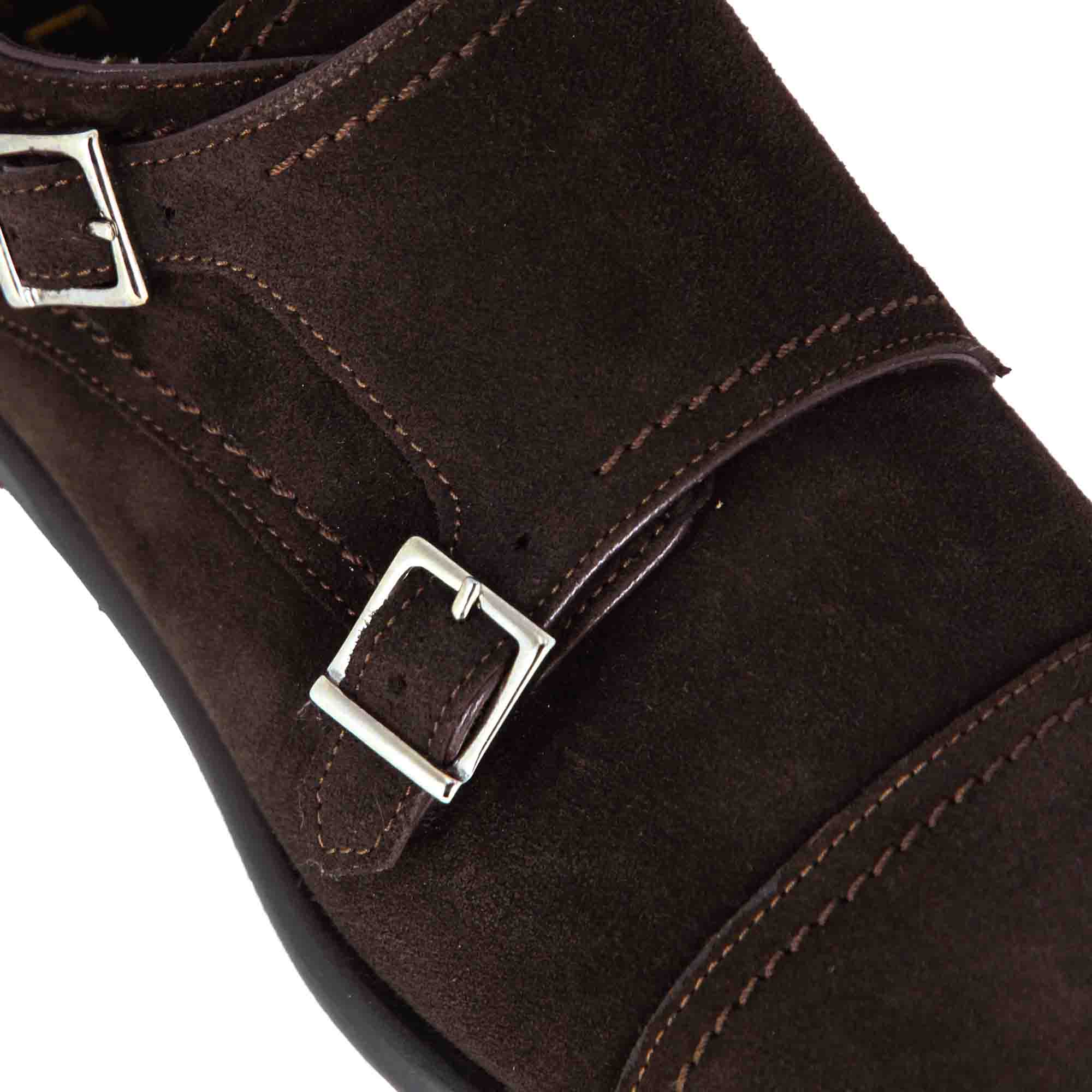 Leonardo Shoes Francesine Uomo Doppia Fibbia Marrone Scuro Camoscio