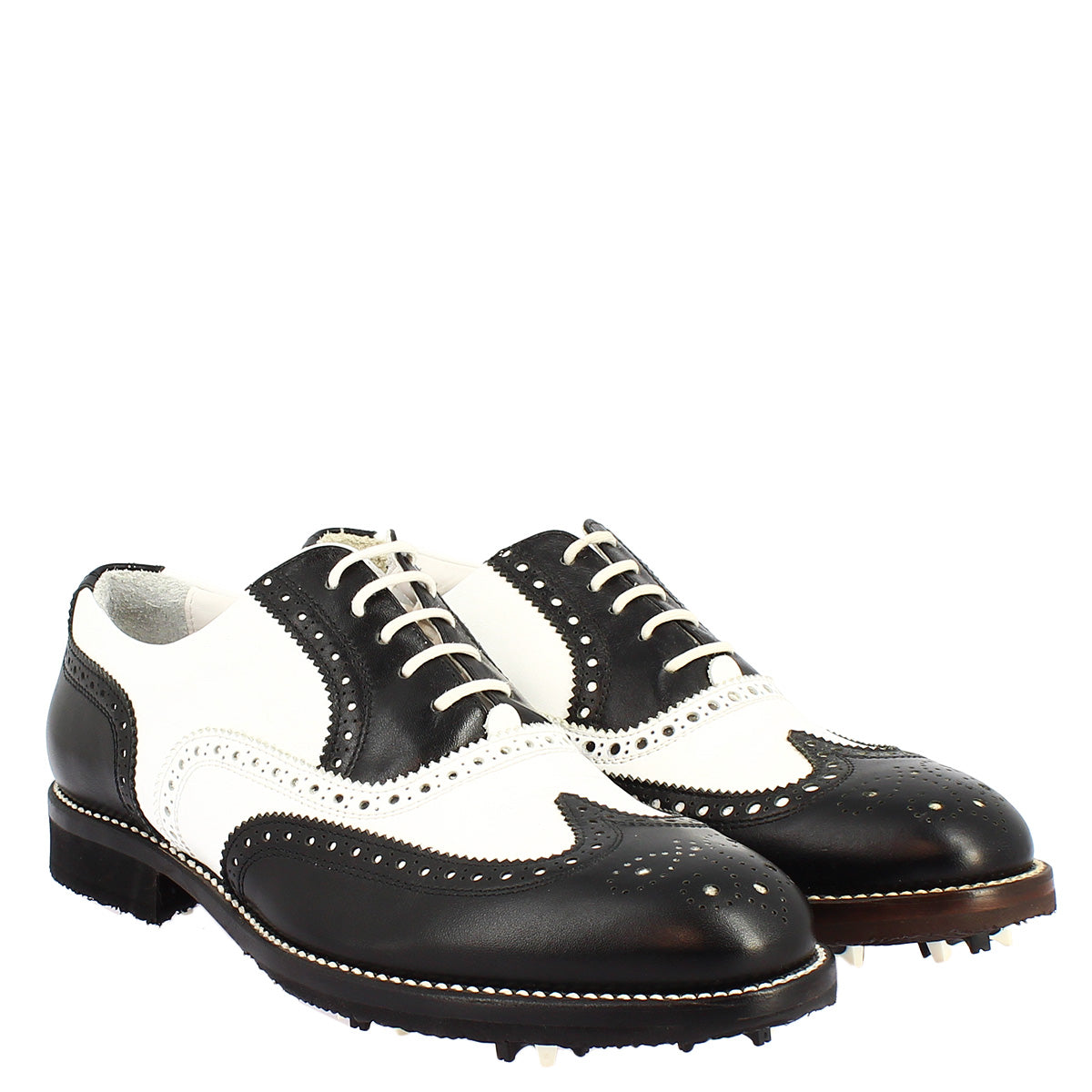 Leonardo Shoes Golf Scarpe da Golf Pelle Bianco Nero Brogue