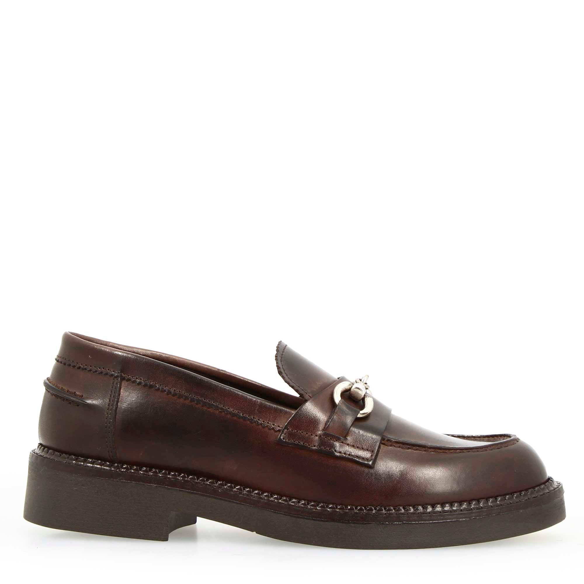 Leonardo Shoes Mocassini Donna Pelle Marrone Scuro Fibbia Tacco 3cm