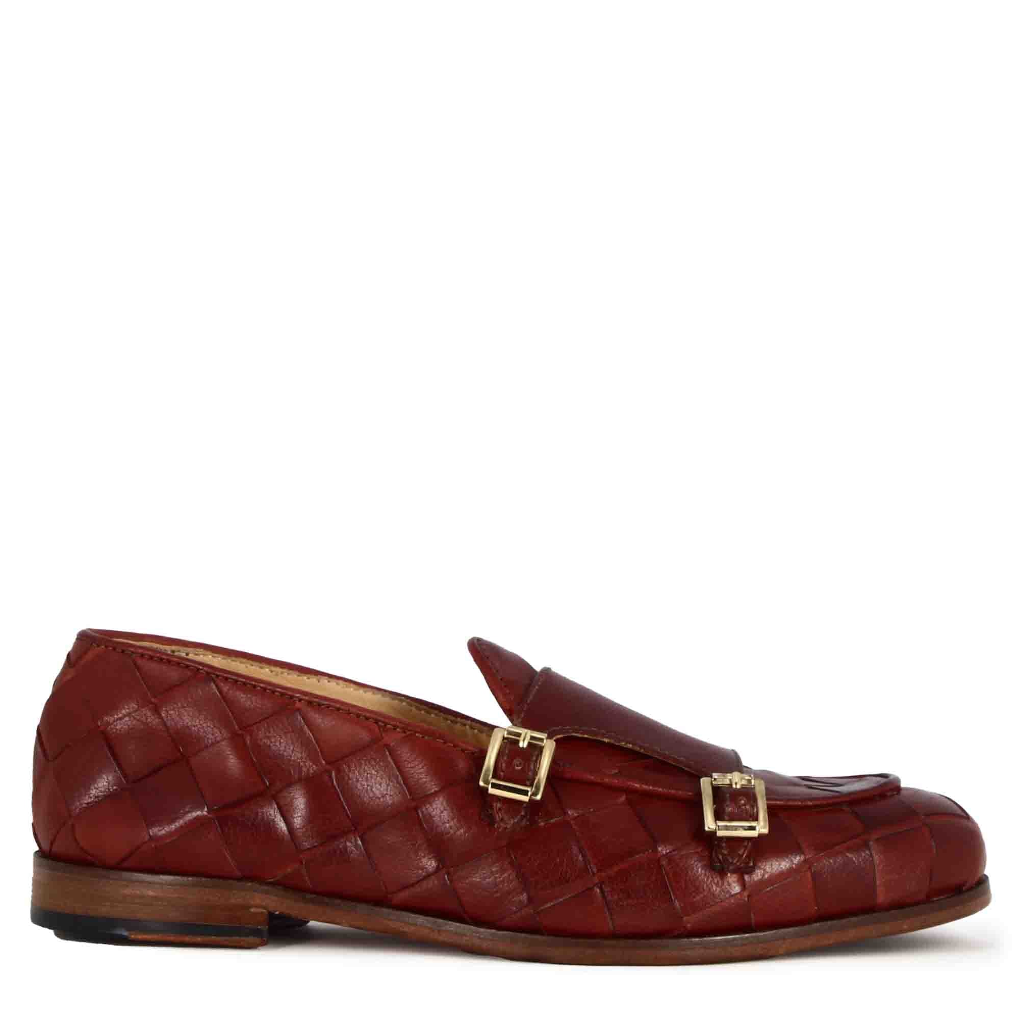 Leonardo Shoes BF-30 mocassini uomo bordeaux intrecciati fibbia