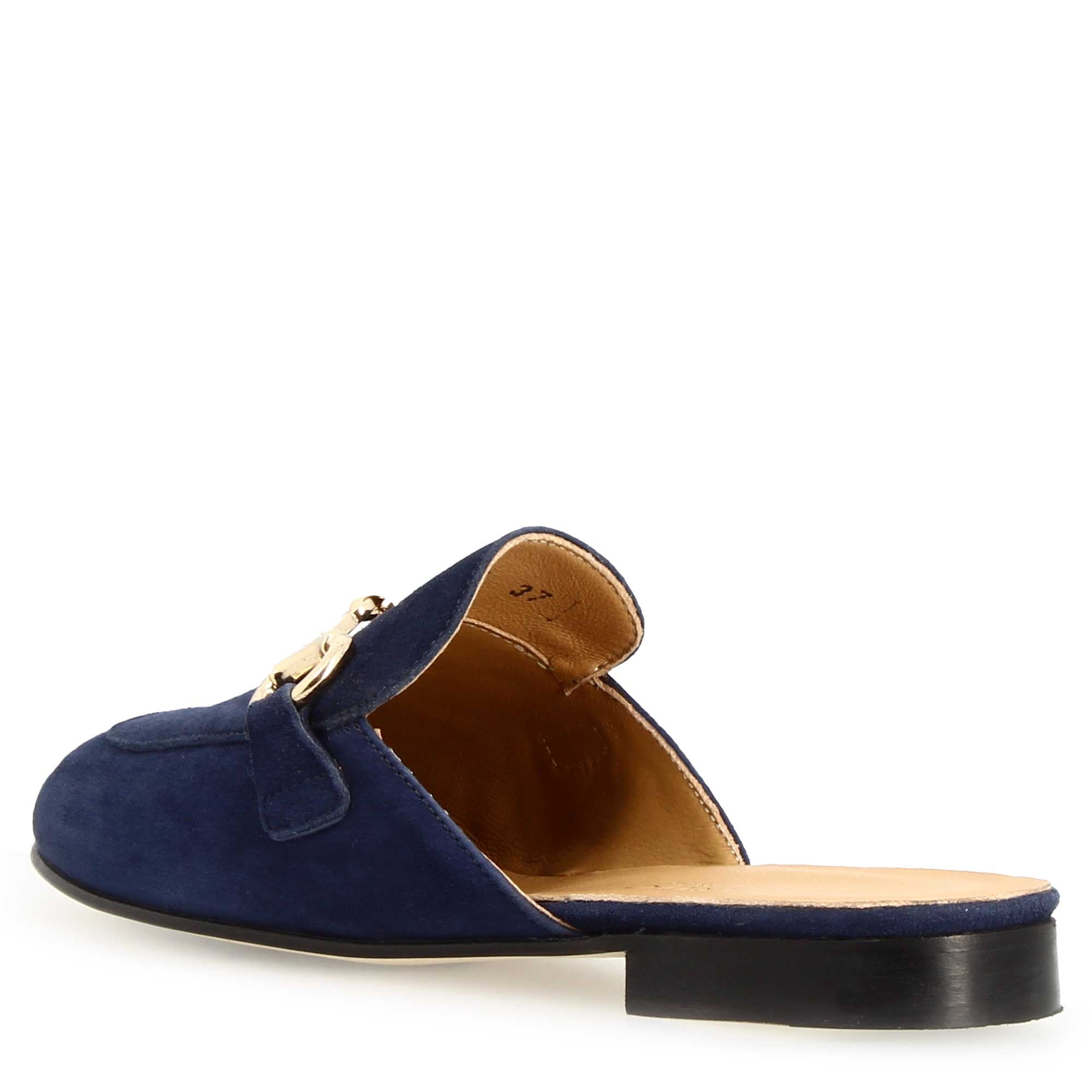 Leonardo Shoes Mules Donna Camoscio Blu Fibbia Oro