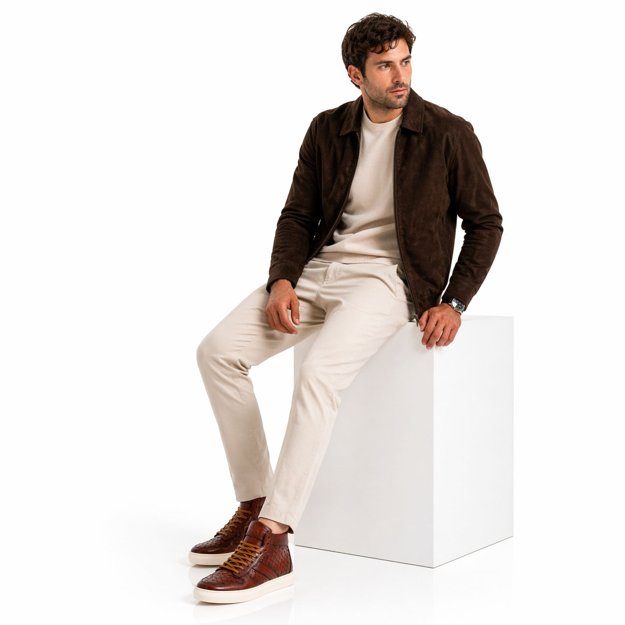 Leonardo Shoes Domizio sneaker uomo marrone pelle intrecciata high-top