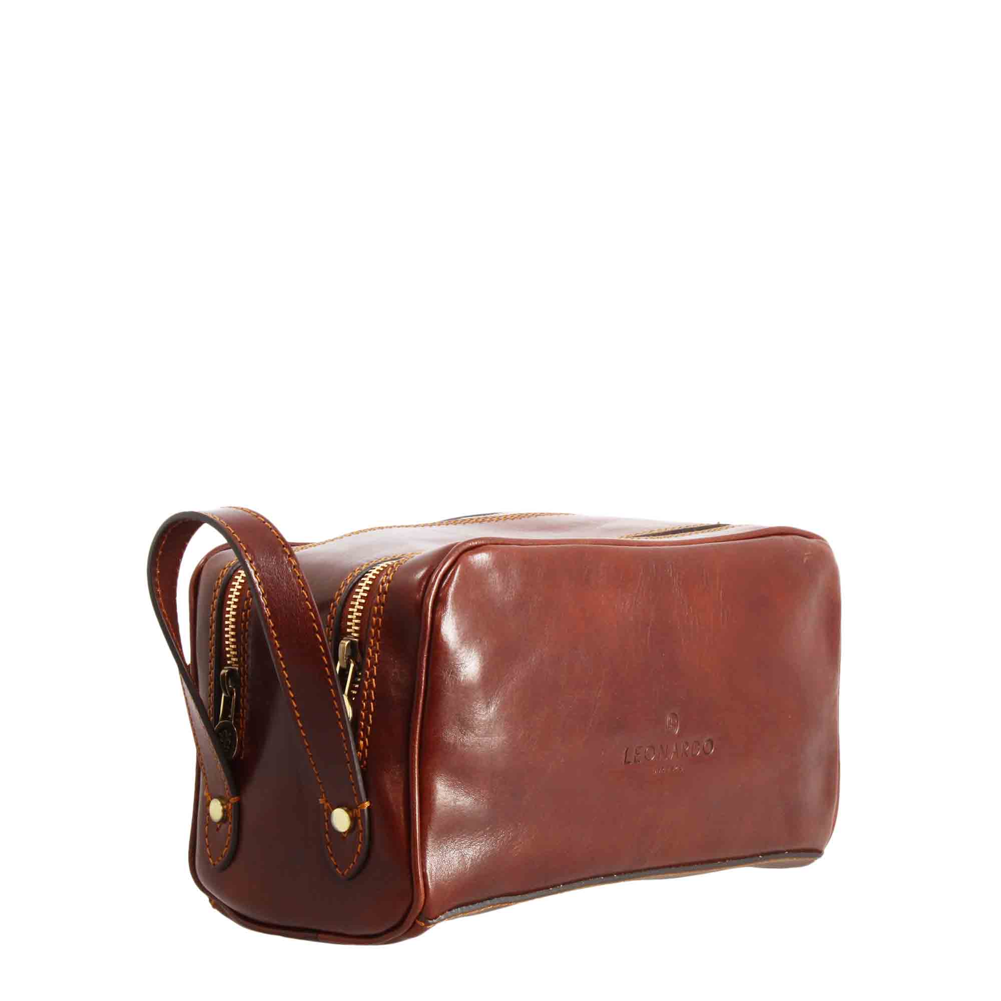 Leonardo Shoes Borse Uomo Necessaire pelle marrone doppia zip