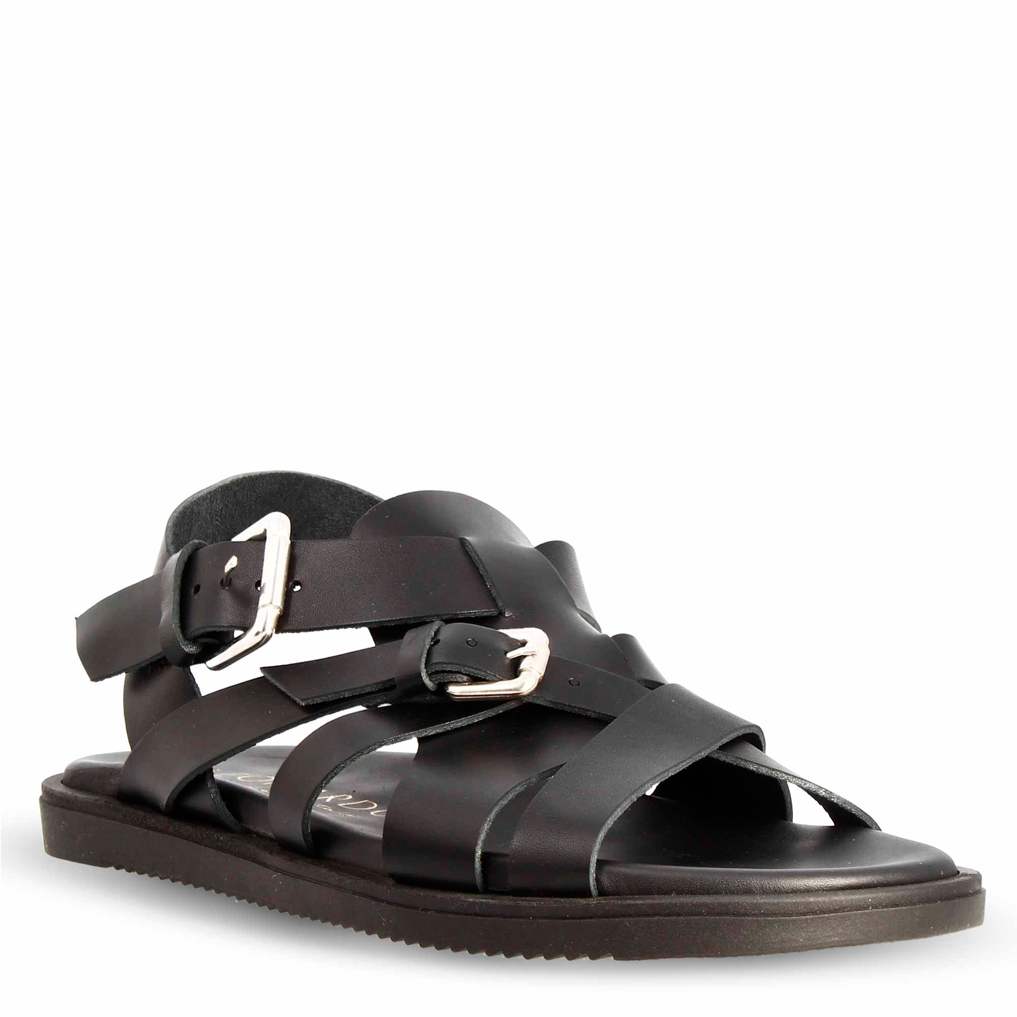 Leonardo Shoes Sandali Uomo BF-30 pelle neri con fibbia