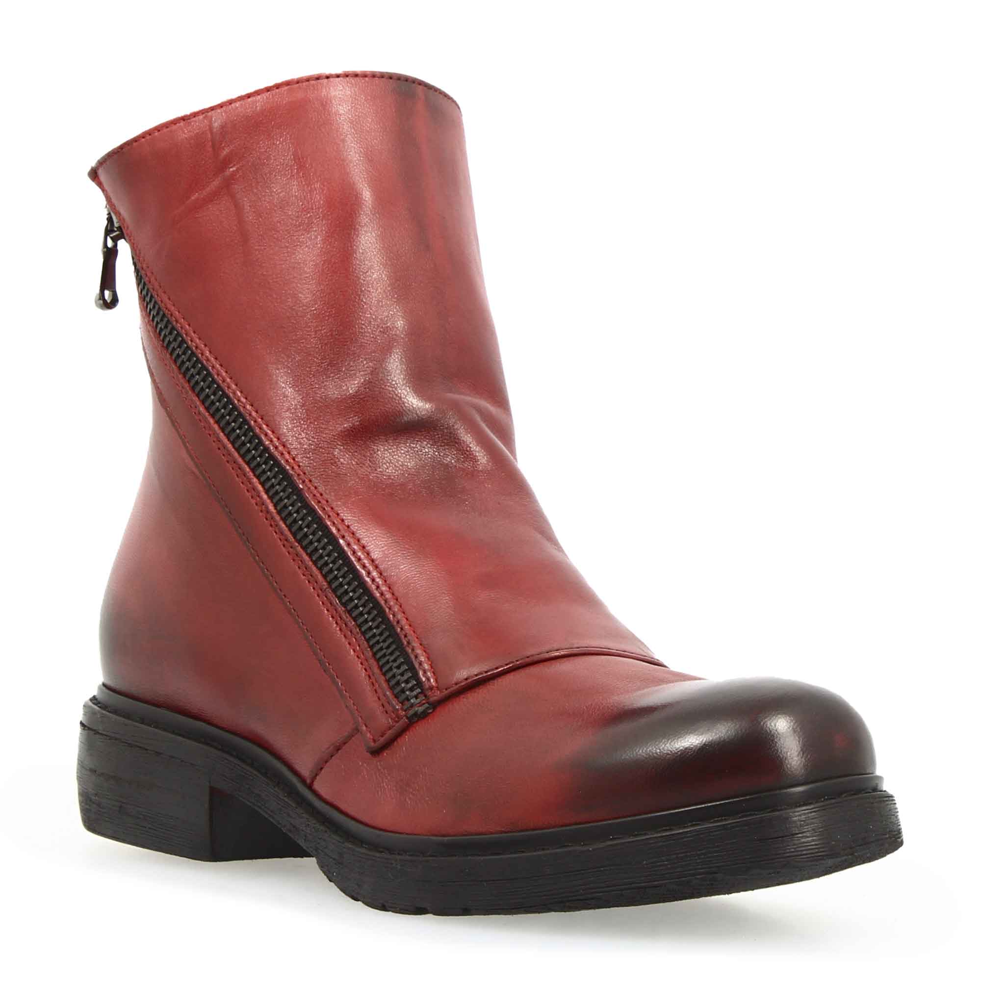 Leonardo Shoes Stivali Donna stivaletto pelle rosso doppia zip