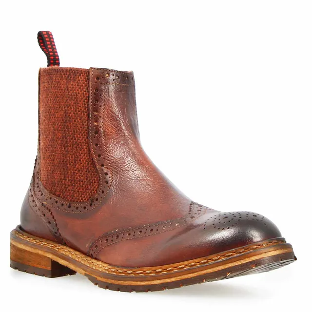 Leonardo Shoes Basilio Stivaletto Chelsea Brogue Pelle Marrone