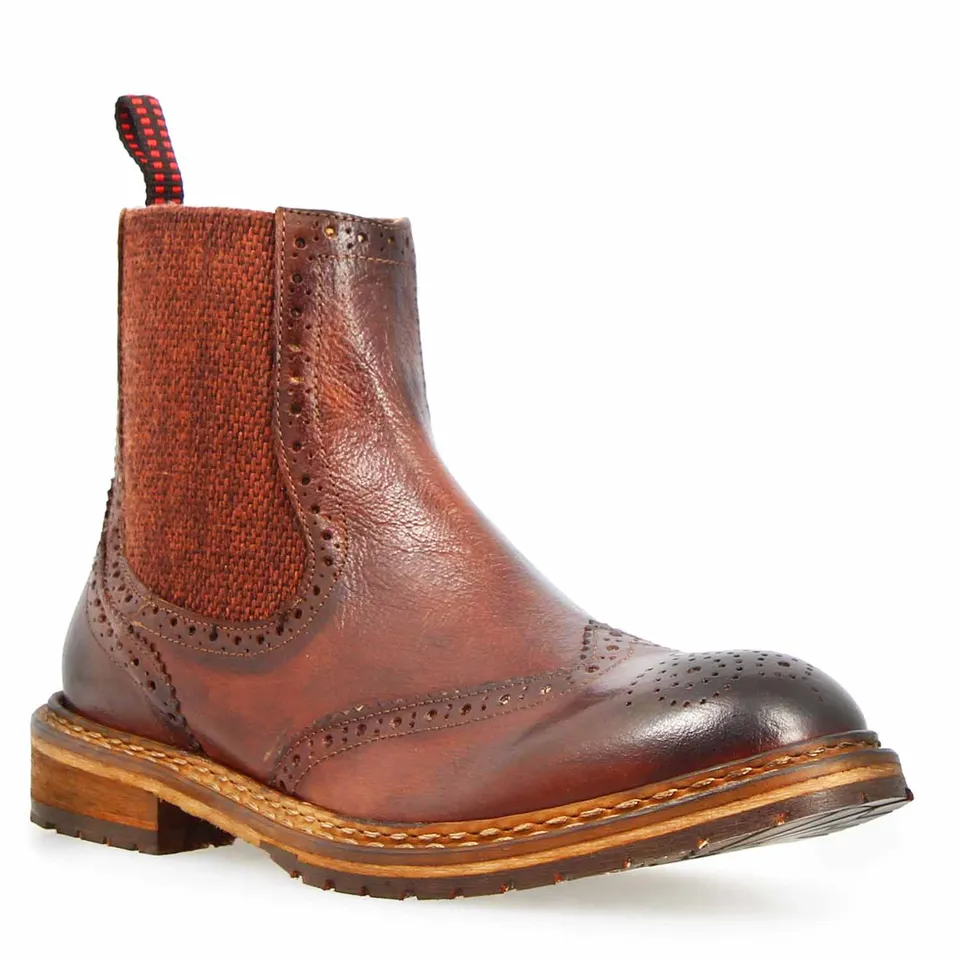 Leonardo Shoes Basilio Stivaletto Chelsea Brogue Pelle Marrone