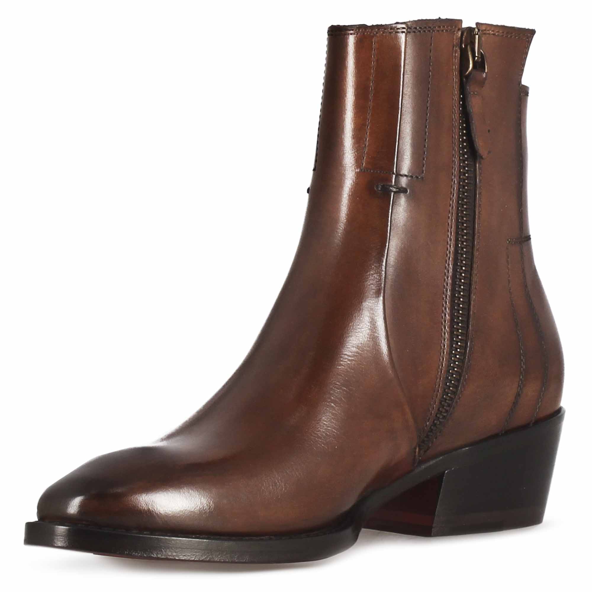 Leonardo Shoes stivaletto texano donna pelle marrone tacco 4 cm
