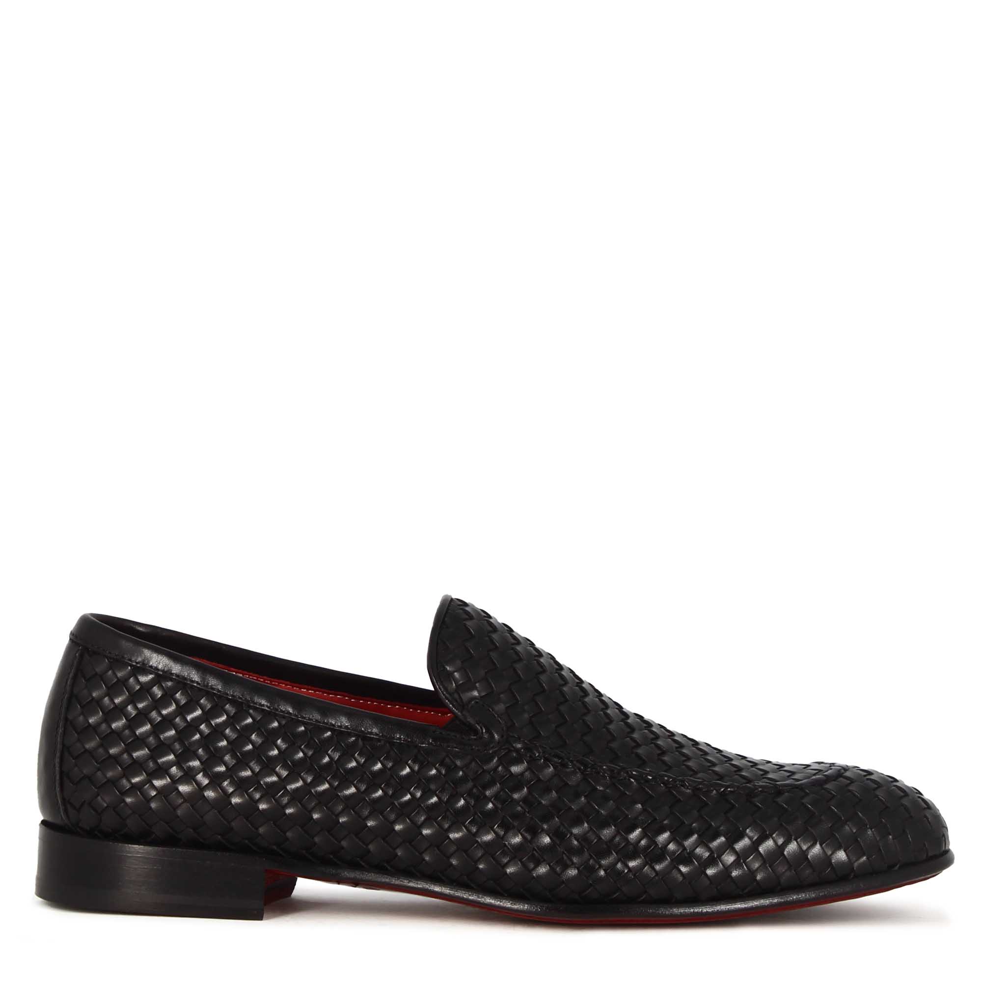 Leonardo Shoes mocassini uomo nero pelle intrecciata