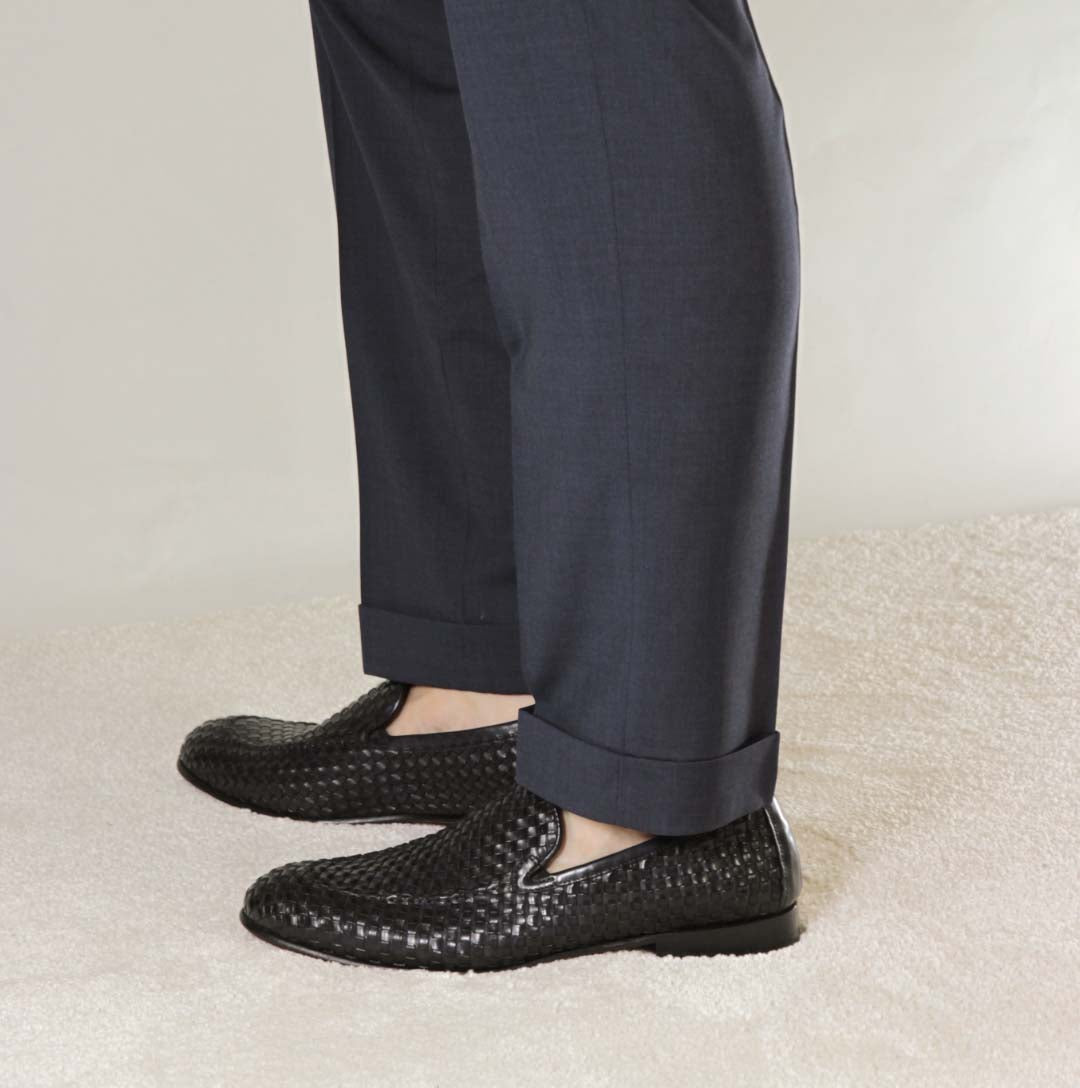 Leonardo Shoes mocassini uomo nero pelle intrecciata