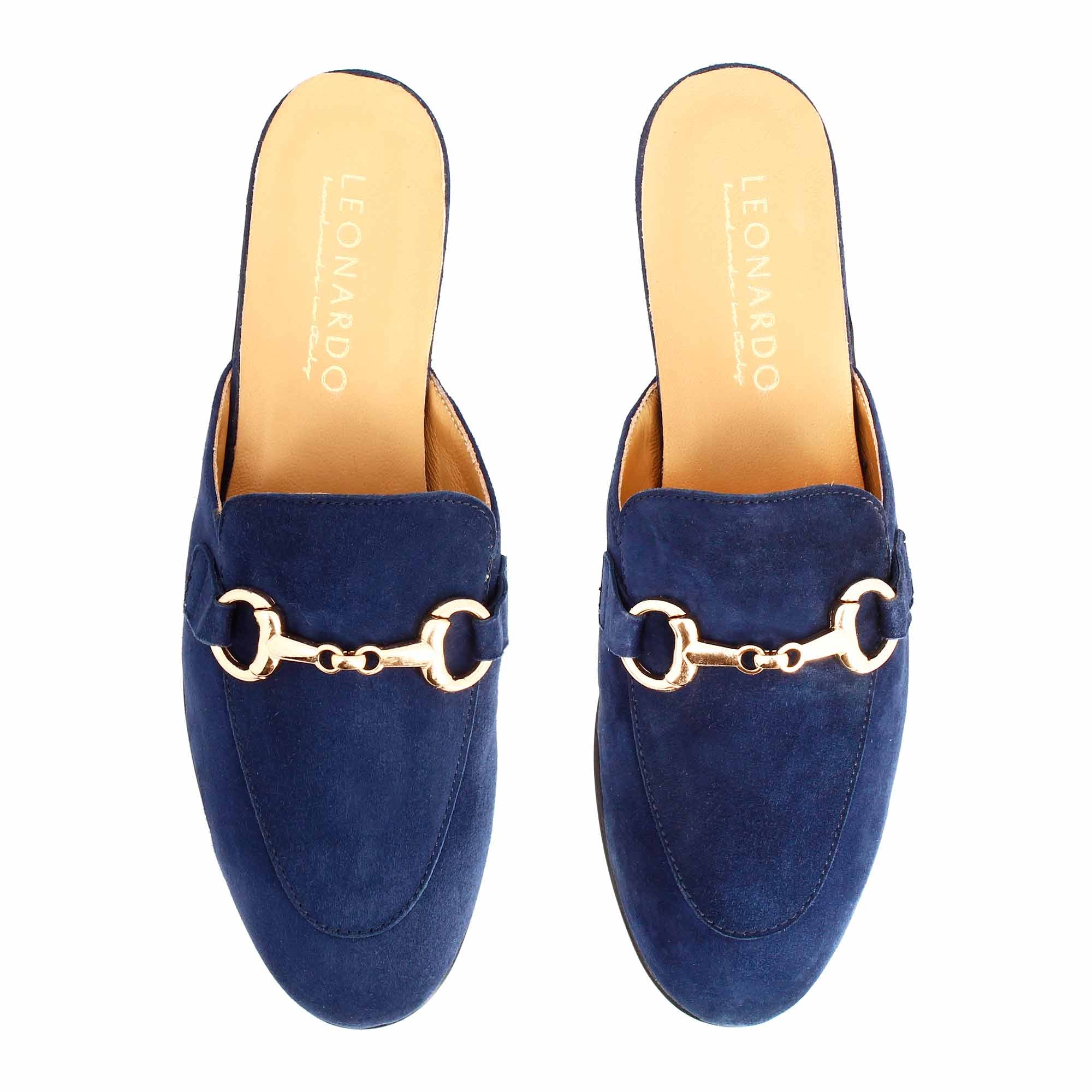 Leonardo Shoes Mules Donna Camoscio Blu Fibbia Oro