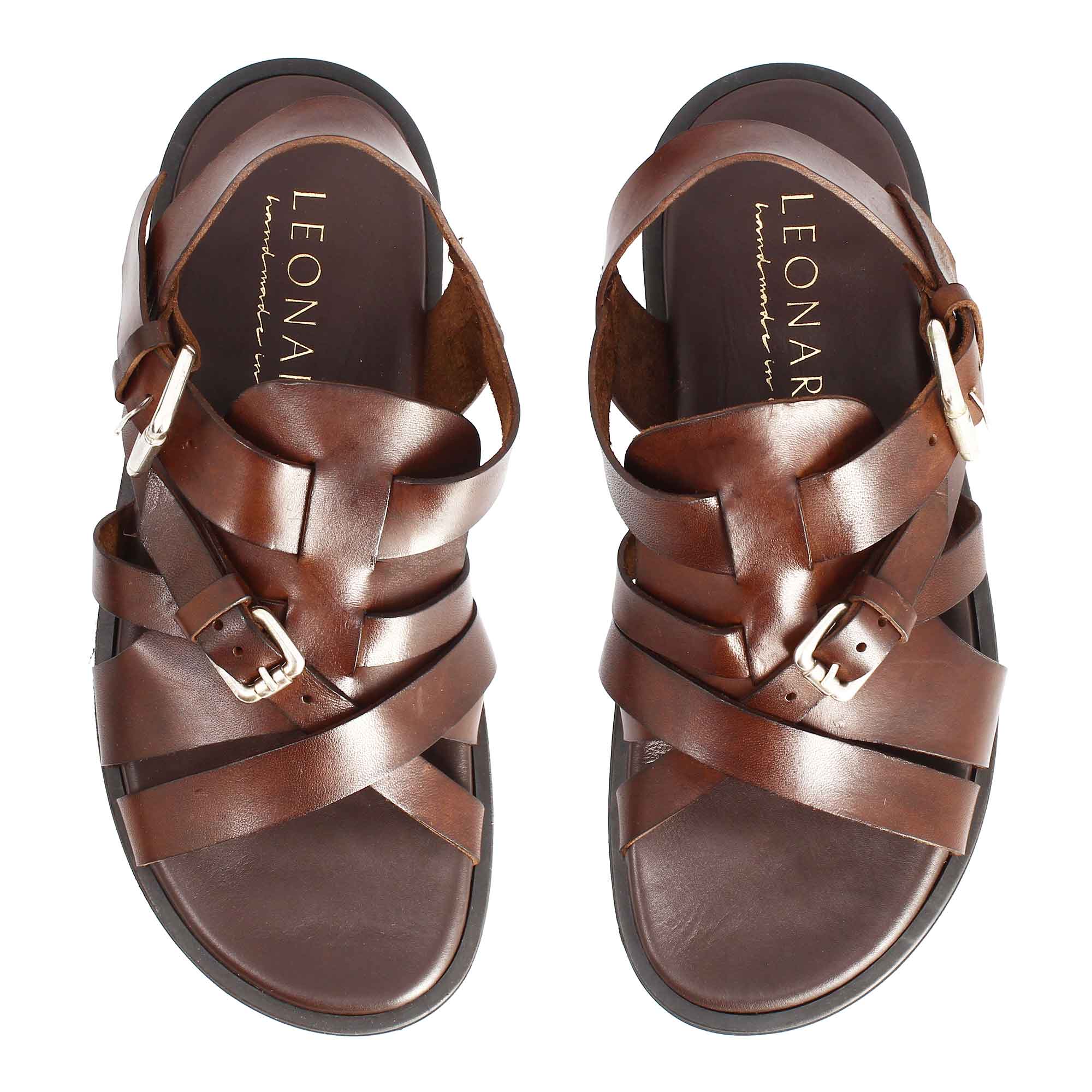 Leonardo Shoes sandali uomo pelle marrone a fasce