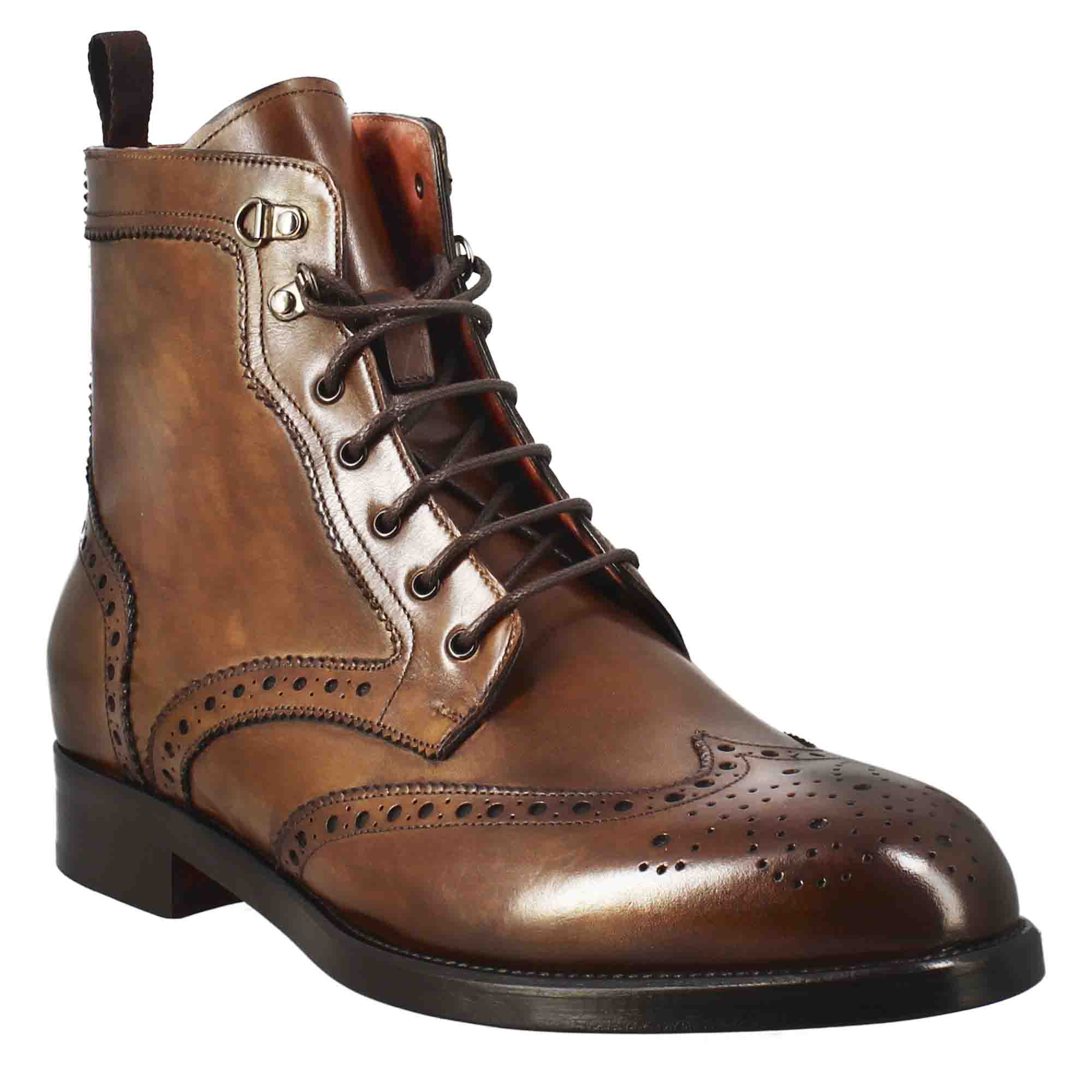 Leonardo Shoes Stivaletti Uomo Anfibio Brogue Pelle Marrone