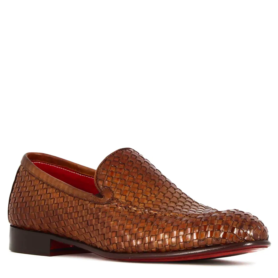 Leonardo Shoes mocassini uomo pelle intrecciata marrone chiaro