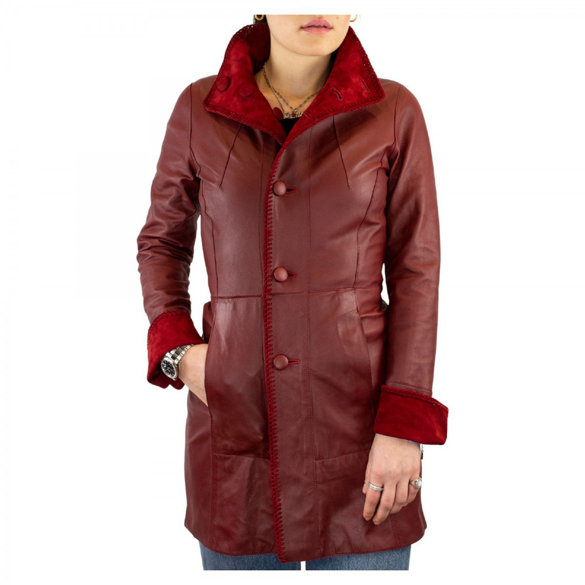 Leonardo Shoes Giacca Pelle Donna Reversibile Rossa Renna