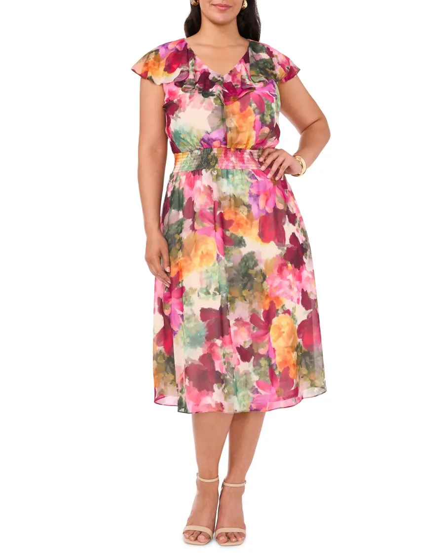 Vince Camuto Abito Midi Scollo V Vita Arricciata