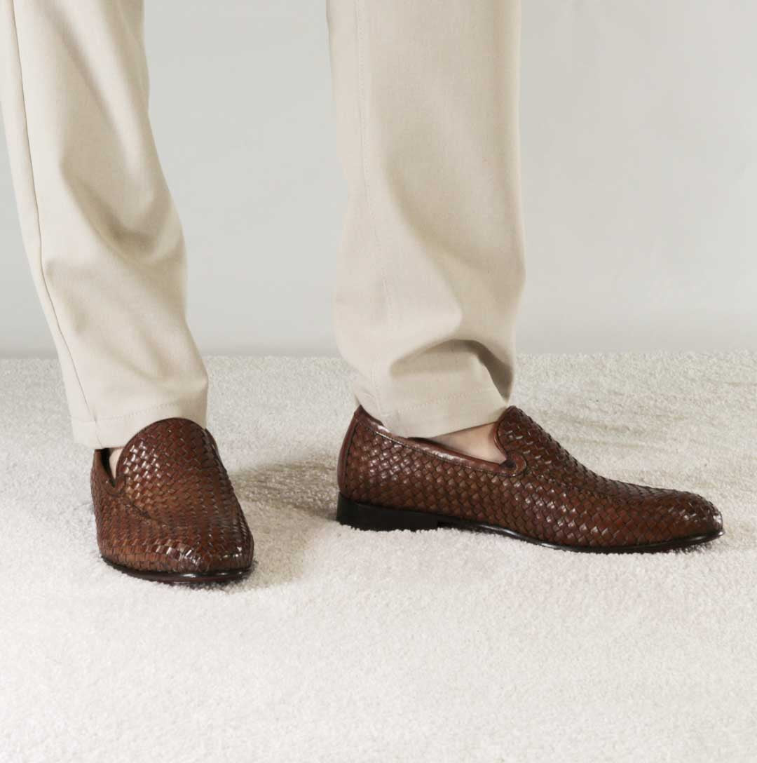 Leonardo Shoes mocassini uomo pelle intrecciata marrone chiaro