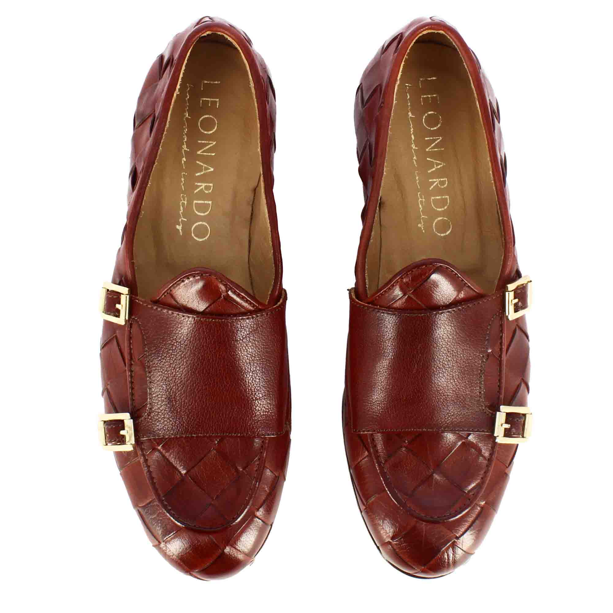 Leonardo Shoes BF-30 mocassini uomo bordeaux intrecciati fibbia