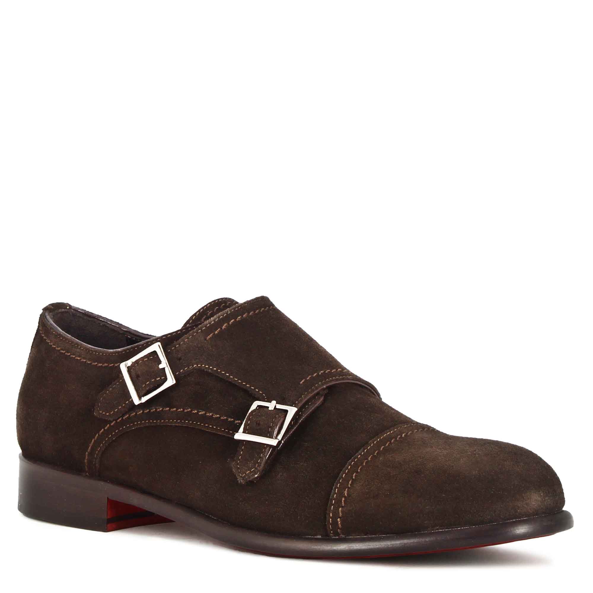 Leonardo Shoes Francesine Uomo Doppia Fibbia Marrone Scuro Camoscio