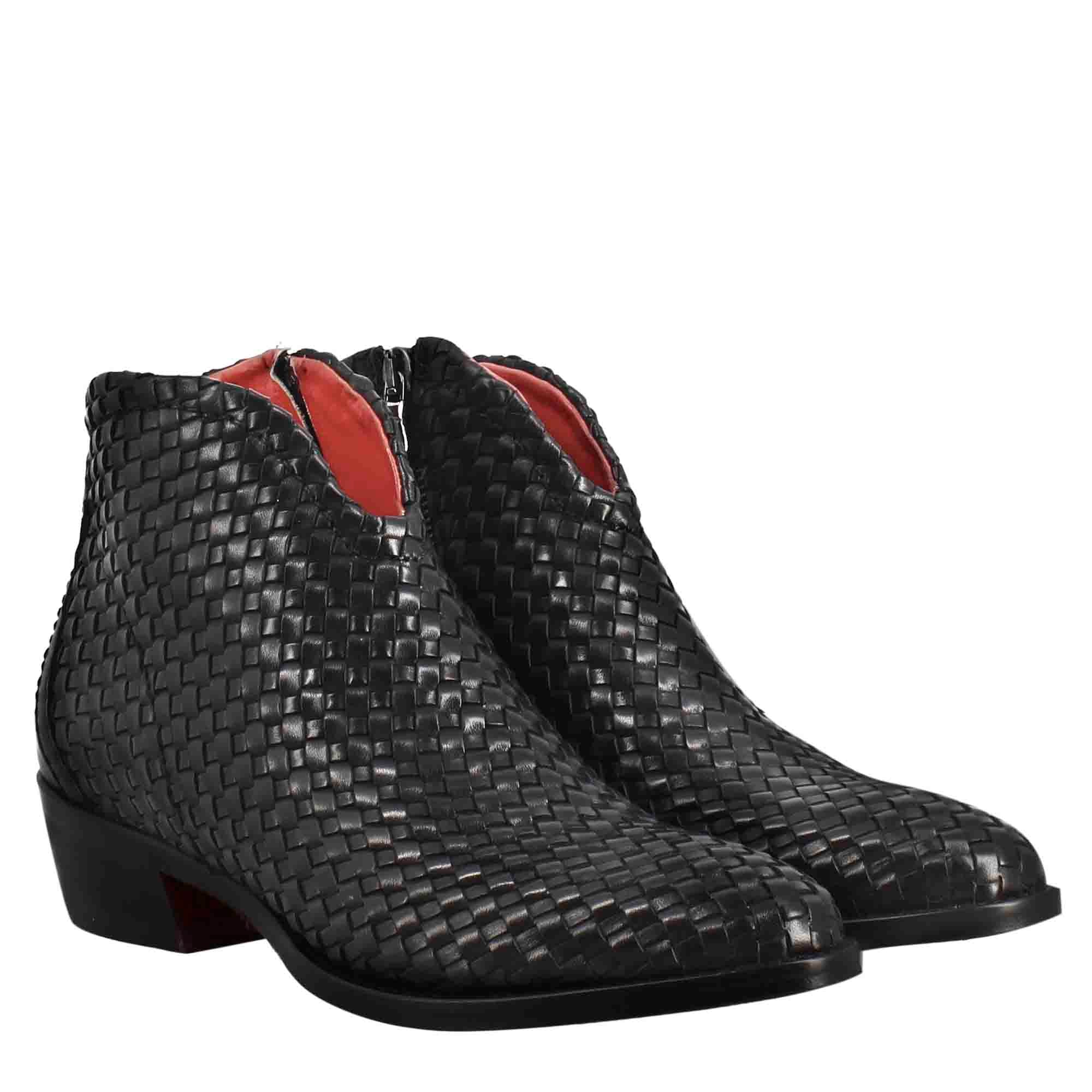 Leonardo Shoes Stivaletti Donna Pelle Nera Intrecciata Tacco