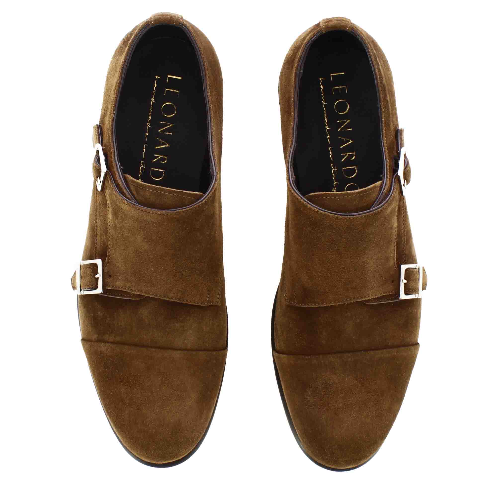 Leonardo Shoes doppia fibbia uomo marrone camoscio BF-30