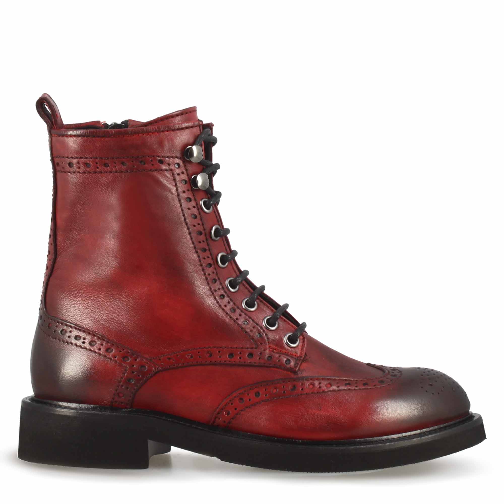 Leonardo Shoes Anfibio Stivali Donna Rosso Pelle Brogue Lacci