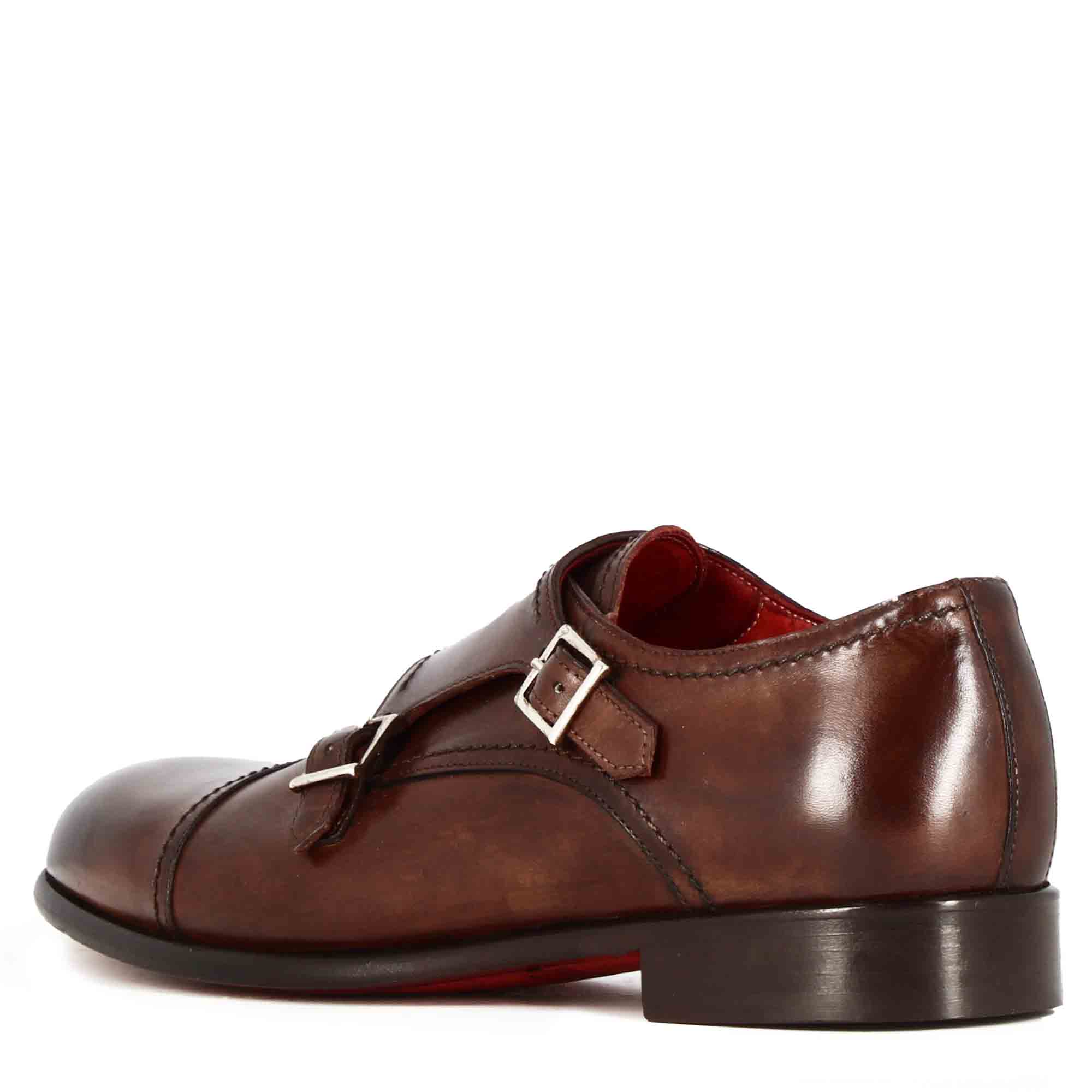 Leonardo Shoes francesine uomo doppia fibbia marrone
