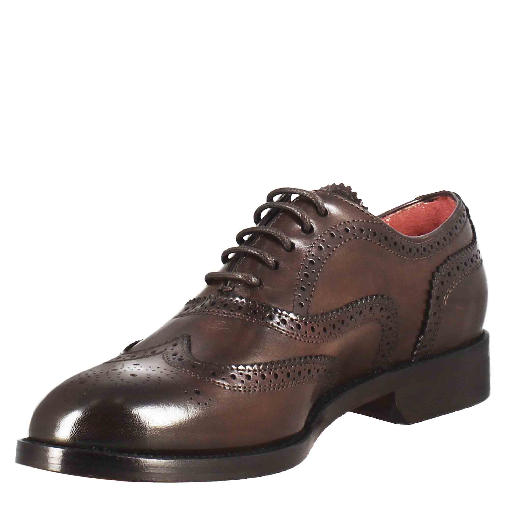 Leonardo Shoes Francesina Donna Brogue Marrone Scuro Lacci