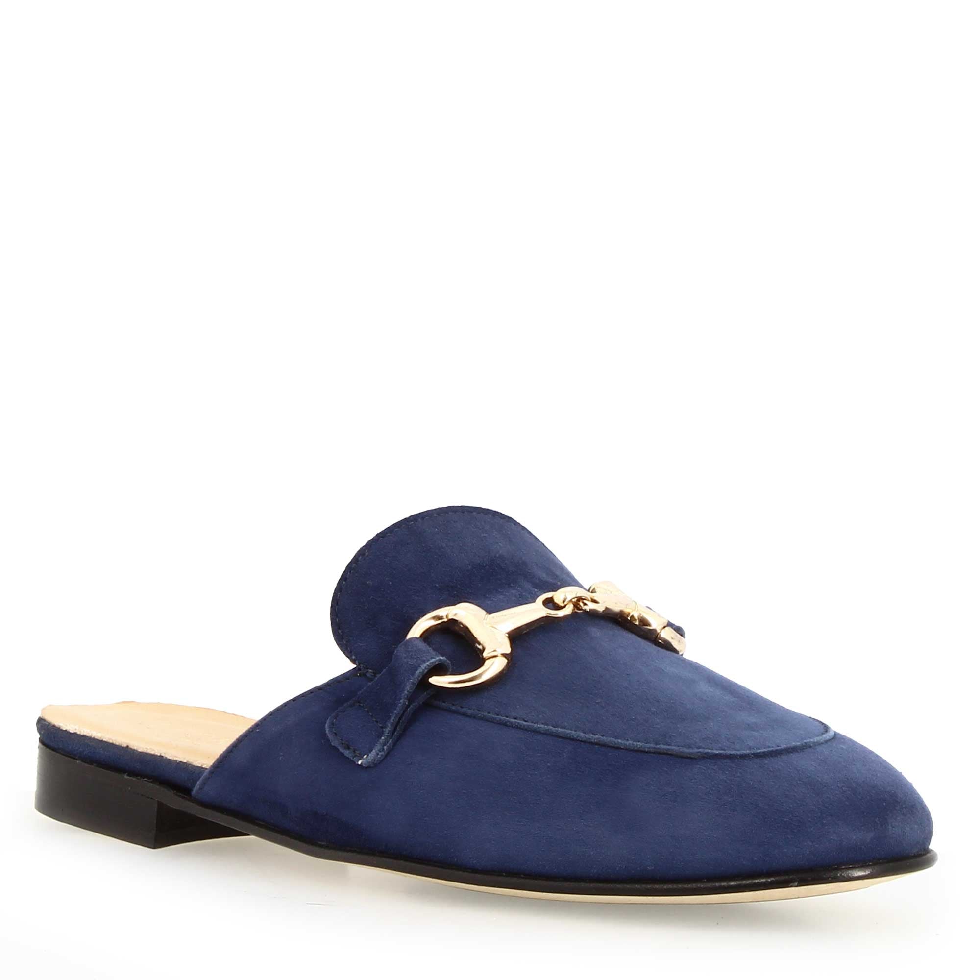 Leonardo Shoes Mules Donna Camoscio Blu Fibbia Oro