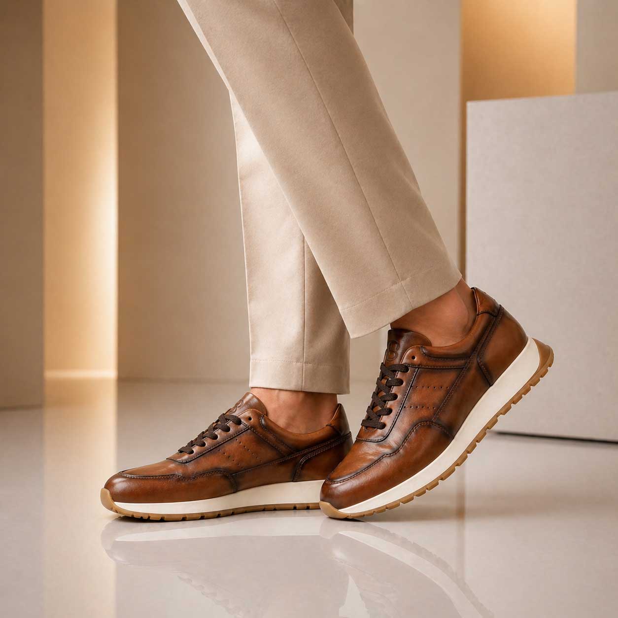 Leonardo Ateneo Sneakers Uomo Pelle Marrone Chiaro Sfumato