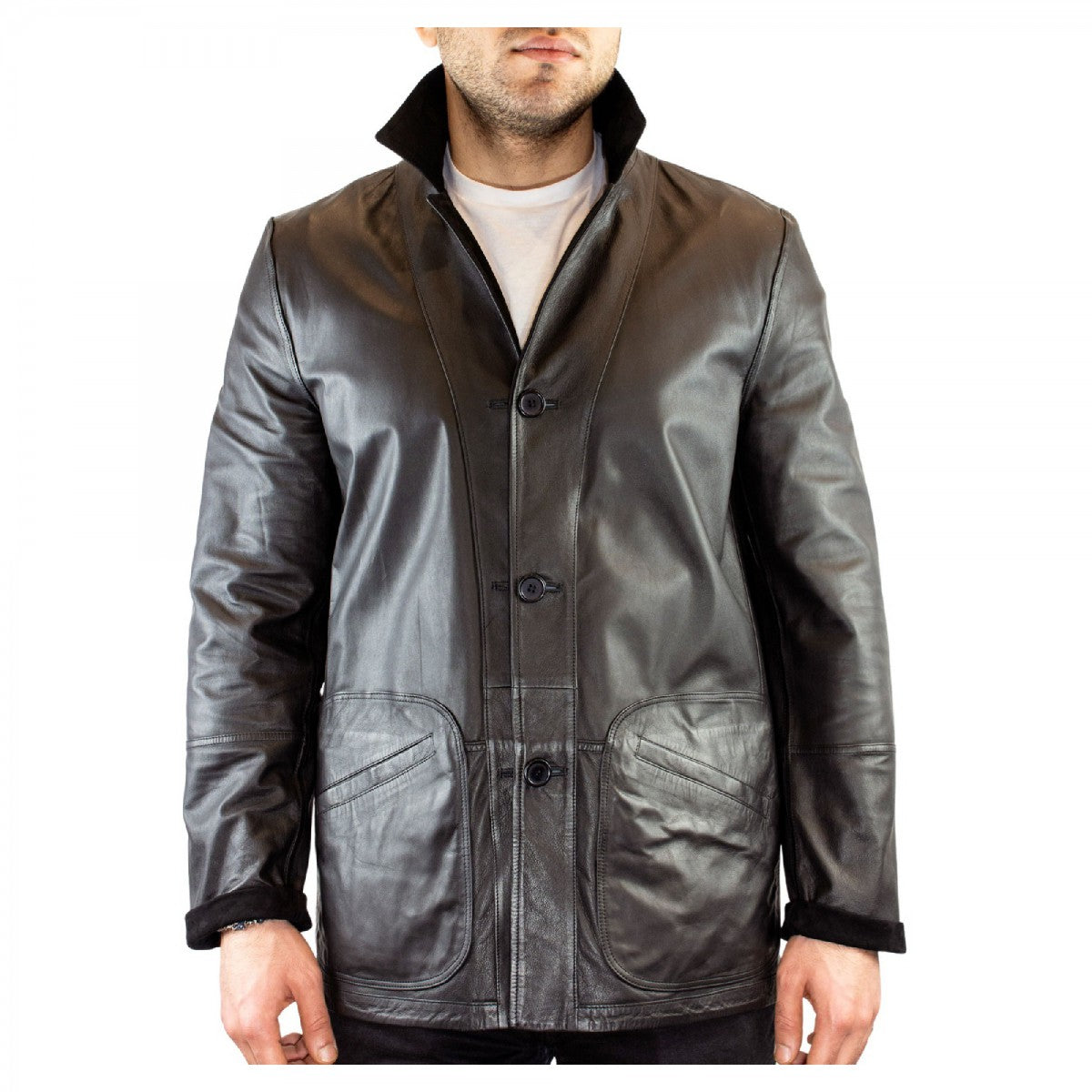 Leonardo Shoes Giacca Pelle Uomo Nera Reversibile Renna