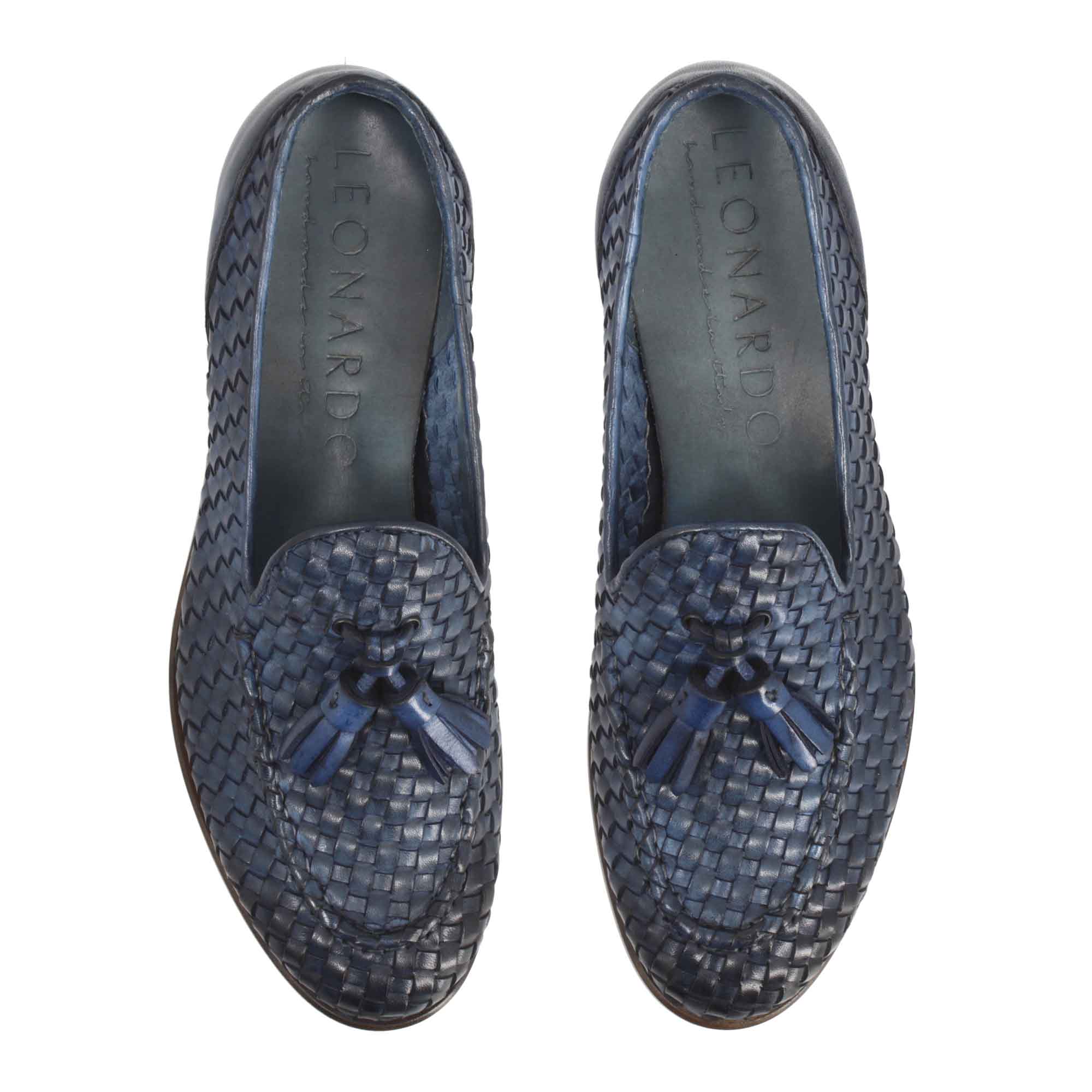 Leonardo Novella Mocassini donna pelle intrecciata blu nappine
