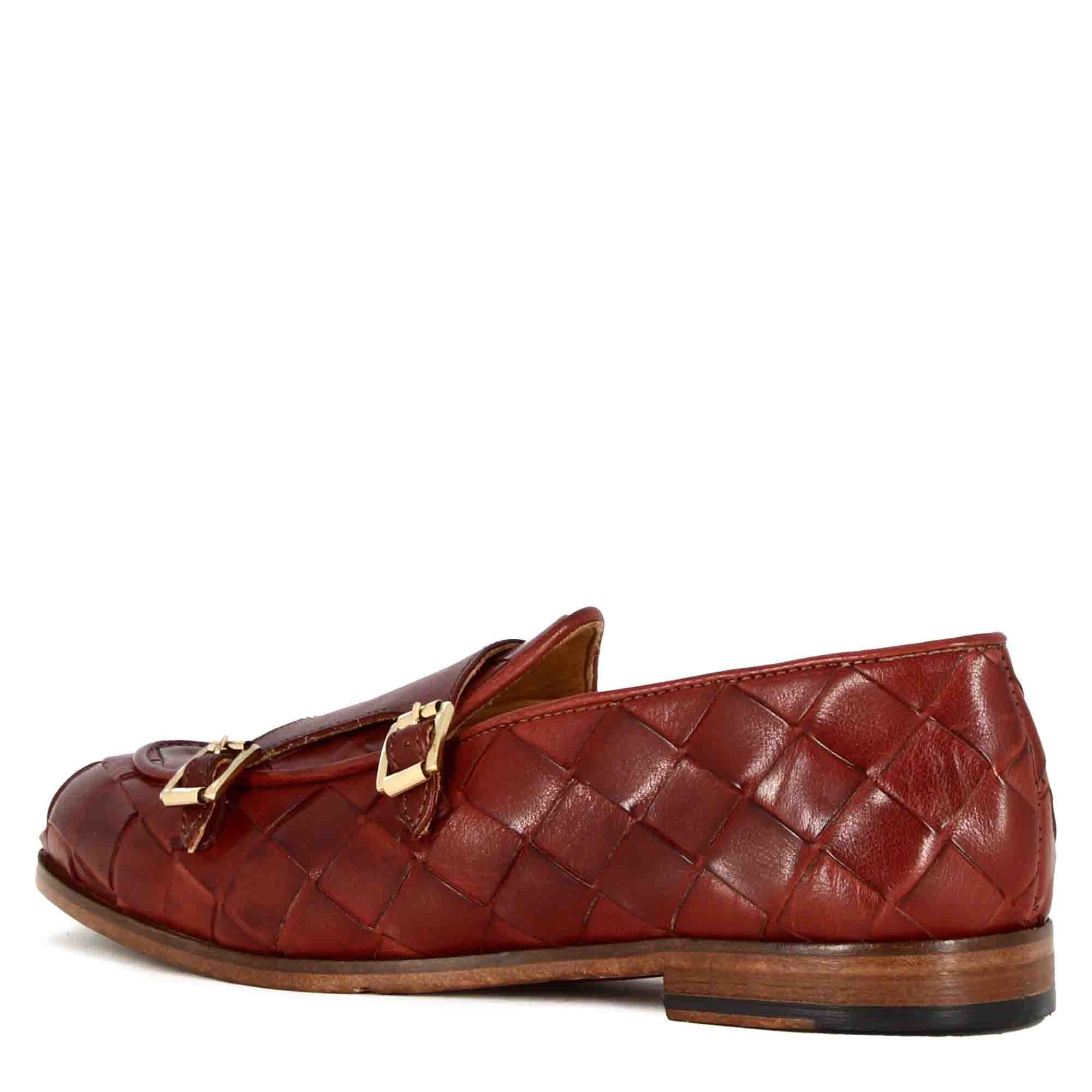Leonardo Shoes BF-30 mocassini uomo bordeaux intrecciati fibbia