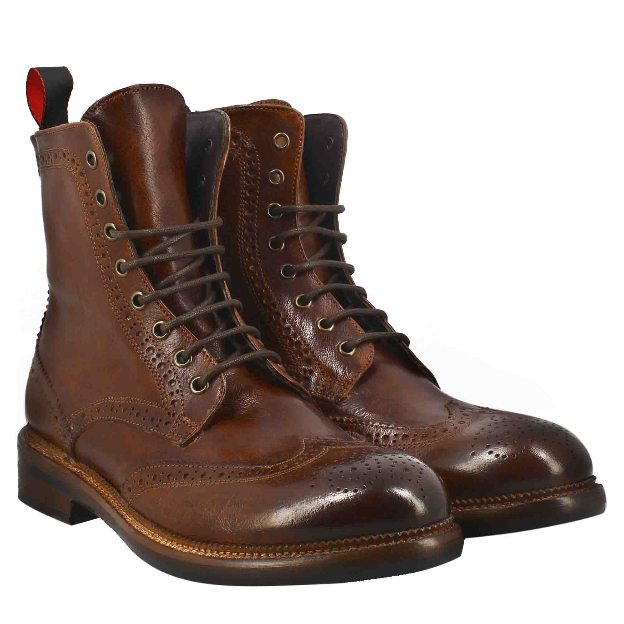 Leonardo Shoes Stivaletti Uomo anfibi brogue cuoio scuro