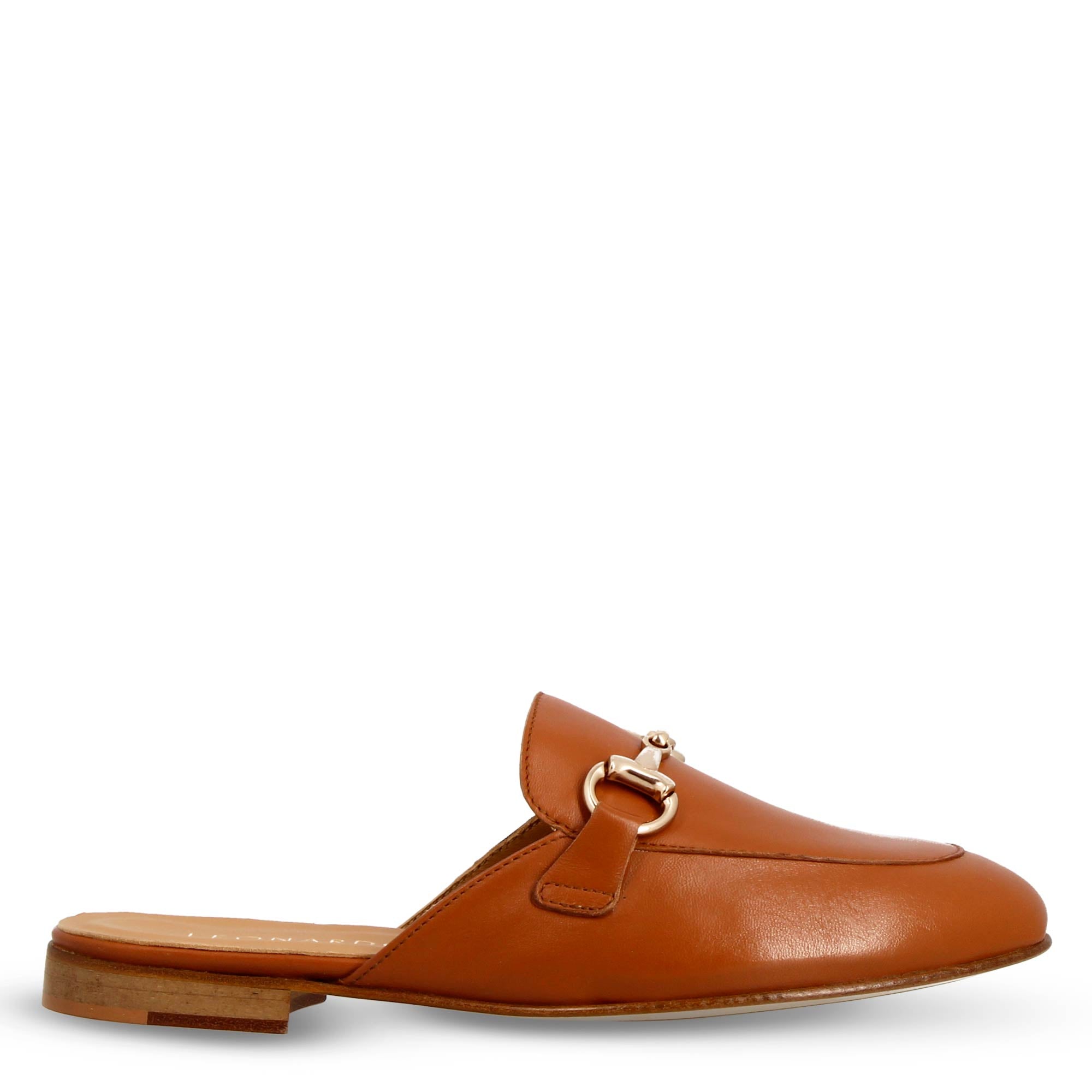 Leonardo Shoes sabot marrone mules donna pelle fibbia oro