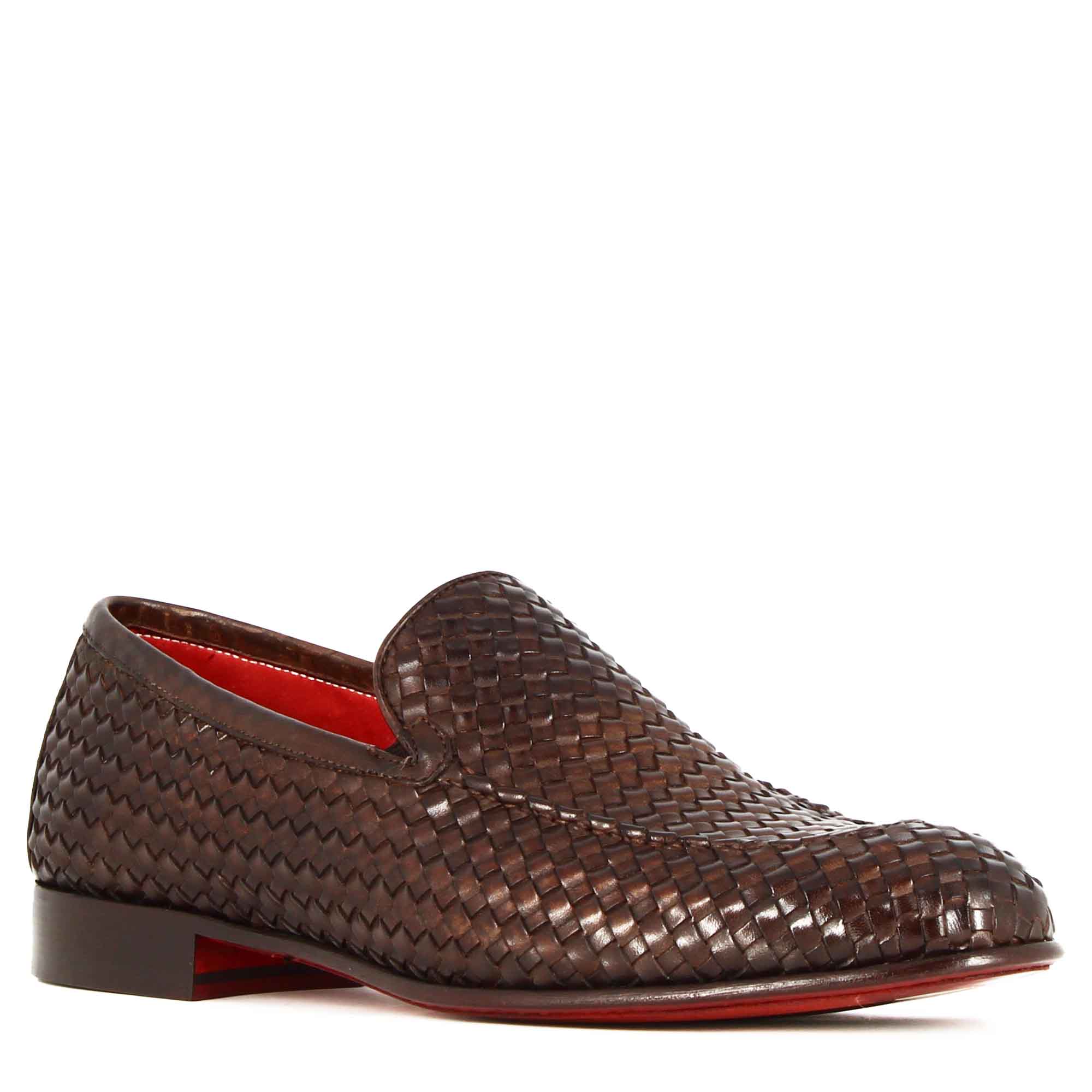 Leonardo Shoes Mocassini Uomo pelle intrecciata marrone scuro