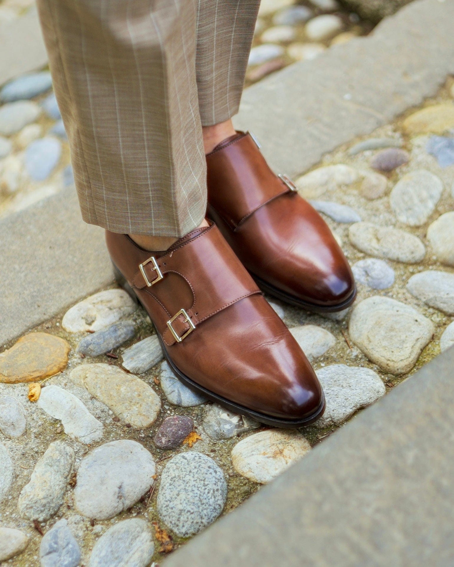 Ace Marks Kurt scarpe monk strap uomo pelle brandy