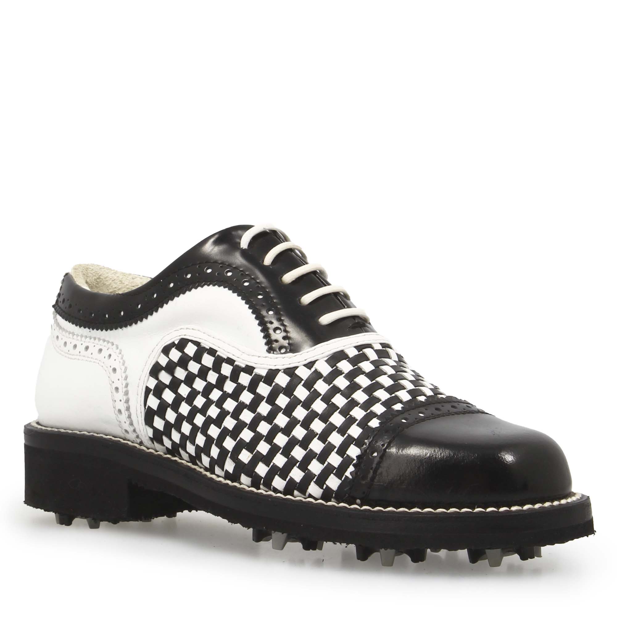 Leonardo Shoes Golf Calzature scarpe da golf bianche nere pelle intrecciata