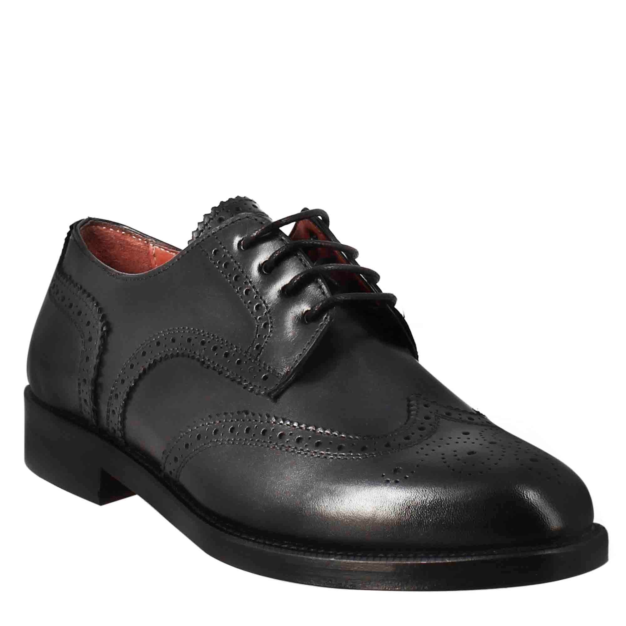 Leonardo Shoes Derby Donna Nero Brogue Pelle Cuoio