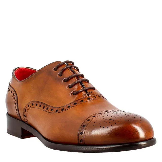Leonardo Shoes Oxford Uomo Semi Brogue Marrone Pelle Siena